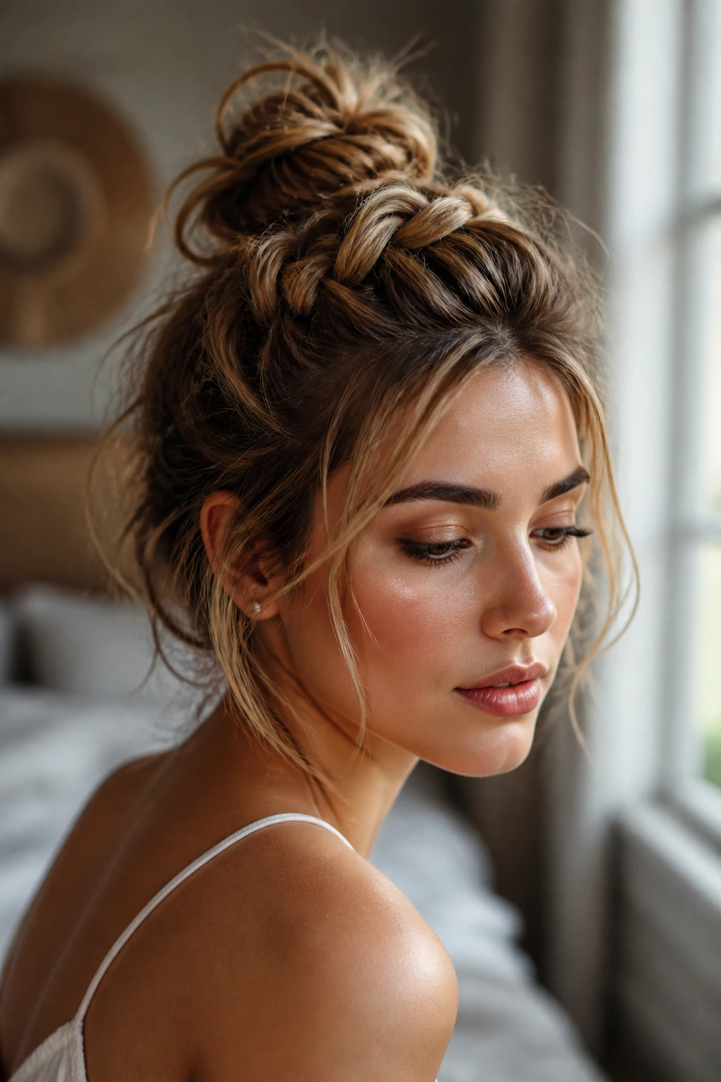 Close-up of The Messy Top-Knot Braid on a real woman in warm window light.
