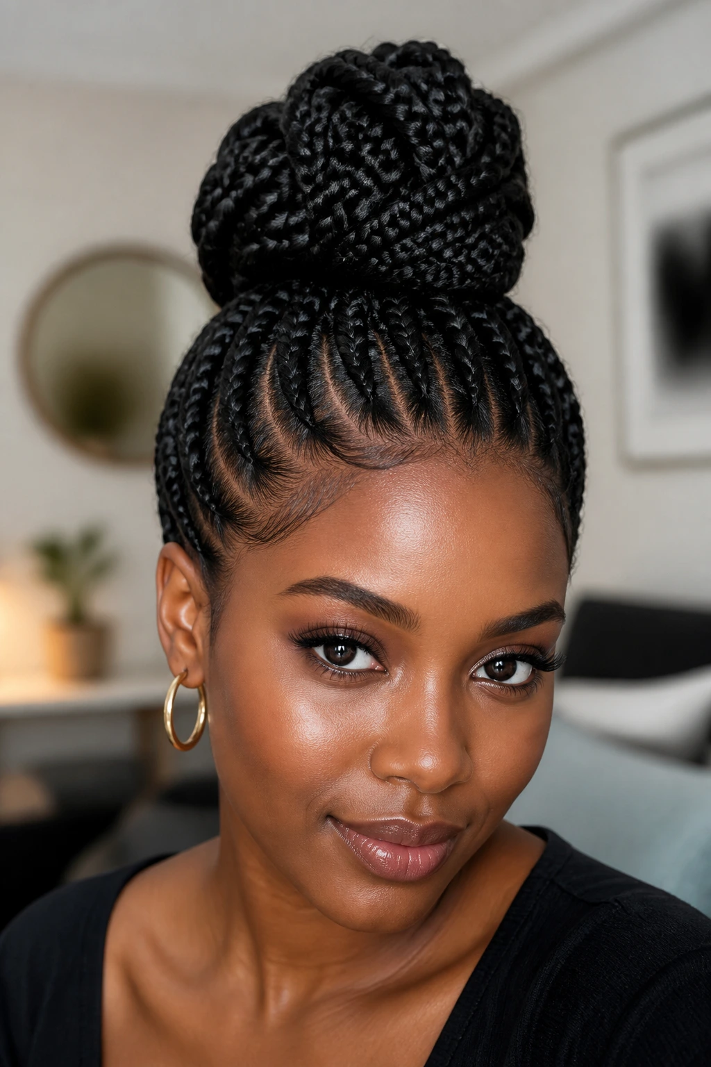 Close-up of braided top knot on a real person