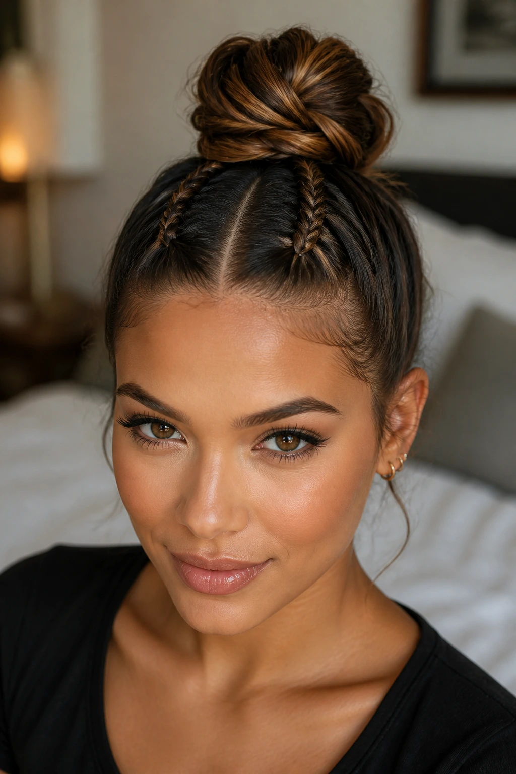 Close-up of a real woman with two slim front braids feeding into a high top knot in soft bedroom light