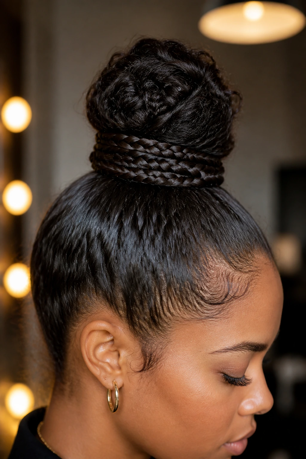 Close-up of top knot base with wrapped braids on real person