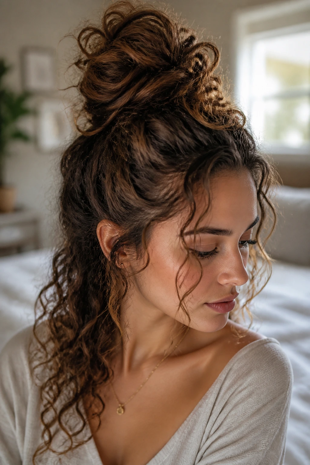 Close-up portrait of a real woman with a messy top-knot and curled bottom layers