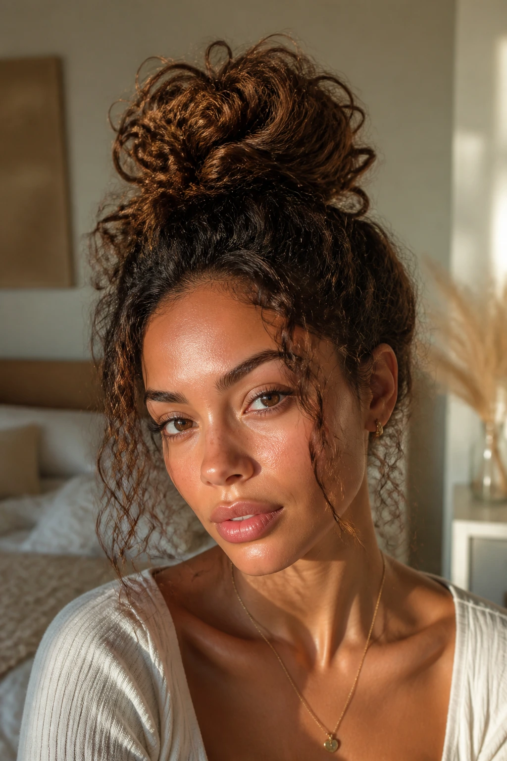 Close-up portrait of a real woman with a textured top-knot hairstyle filling the frame