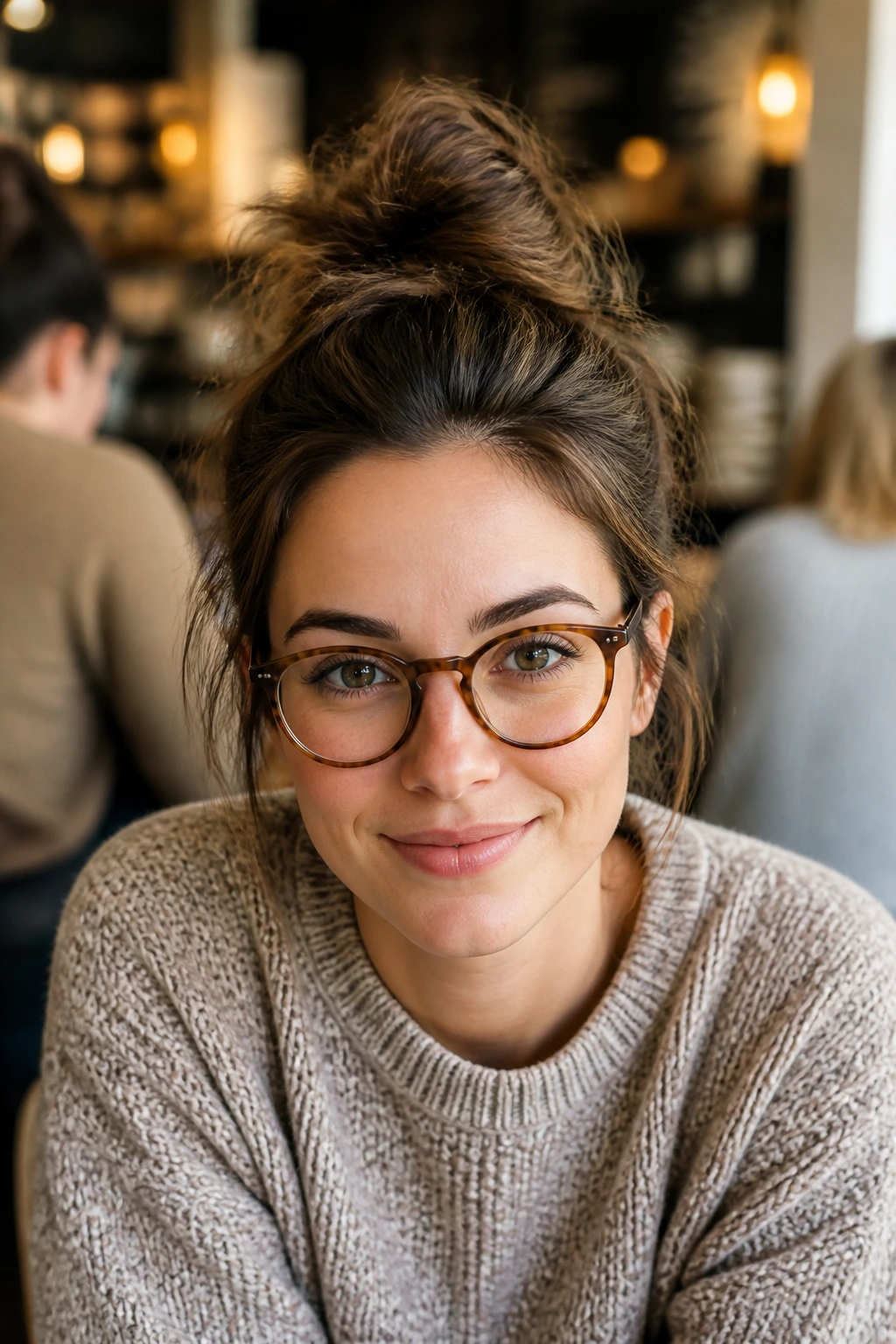 Real person with a small messy top-knot in cafe setting