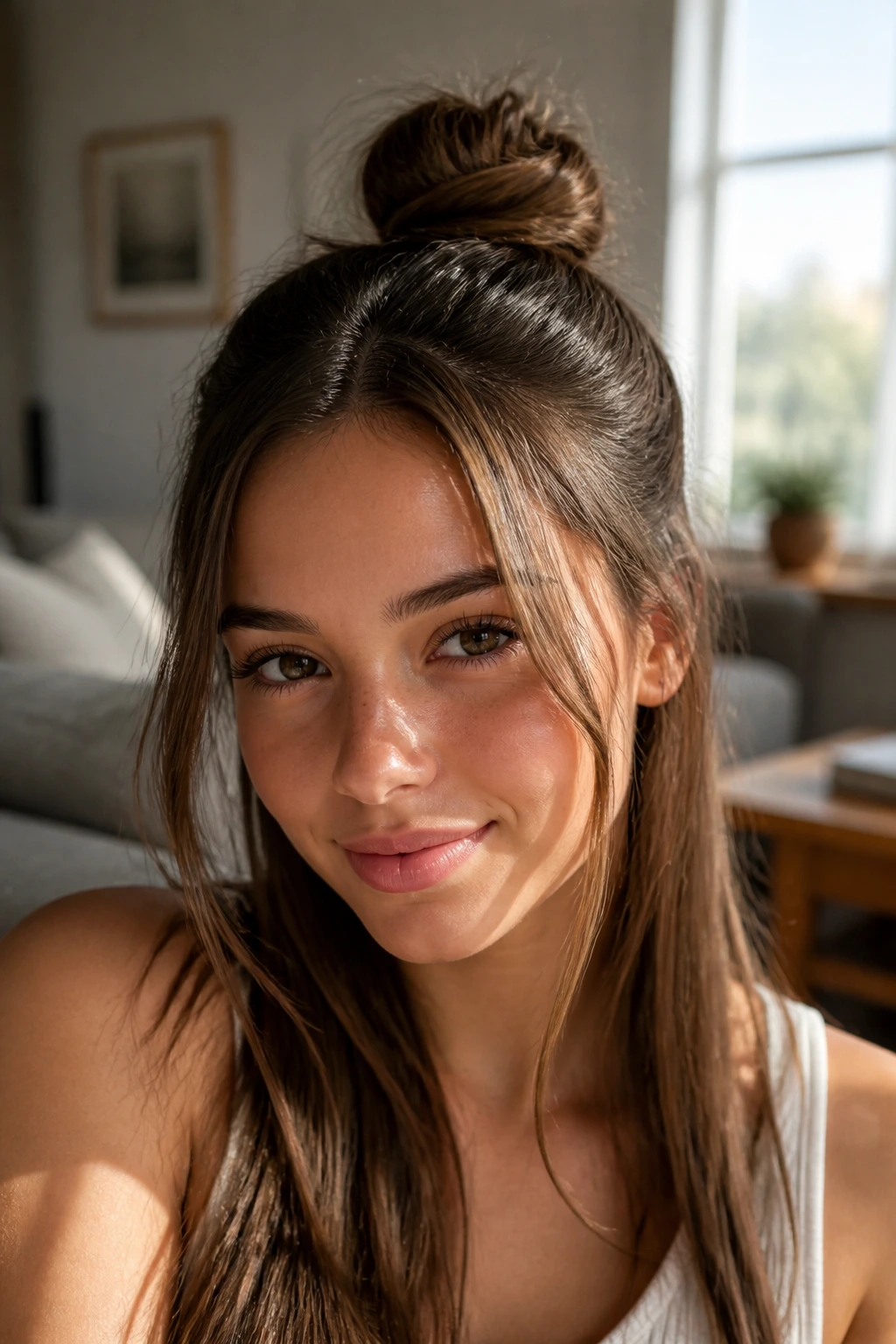 Close-up of a real woman with a messy top knot and face-framing pieces in natural light
