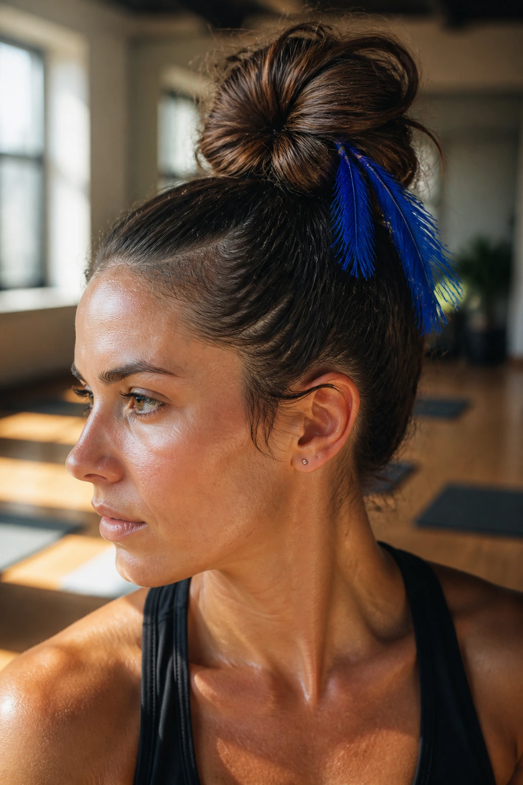 Close-up of a real woman wearing a cobalt blue feather top knot in a gym.