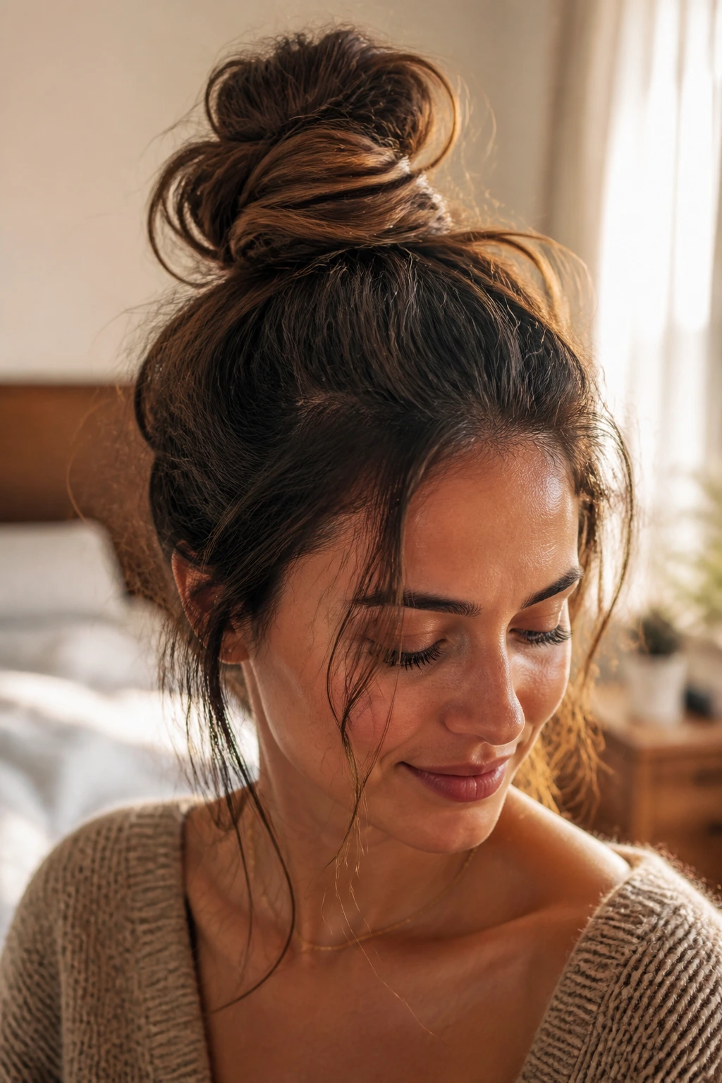 Close-up of a real woman with an undone textured top knot and loose face-framing strands in warm window light