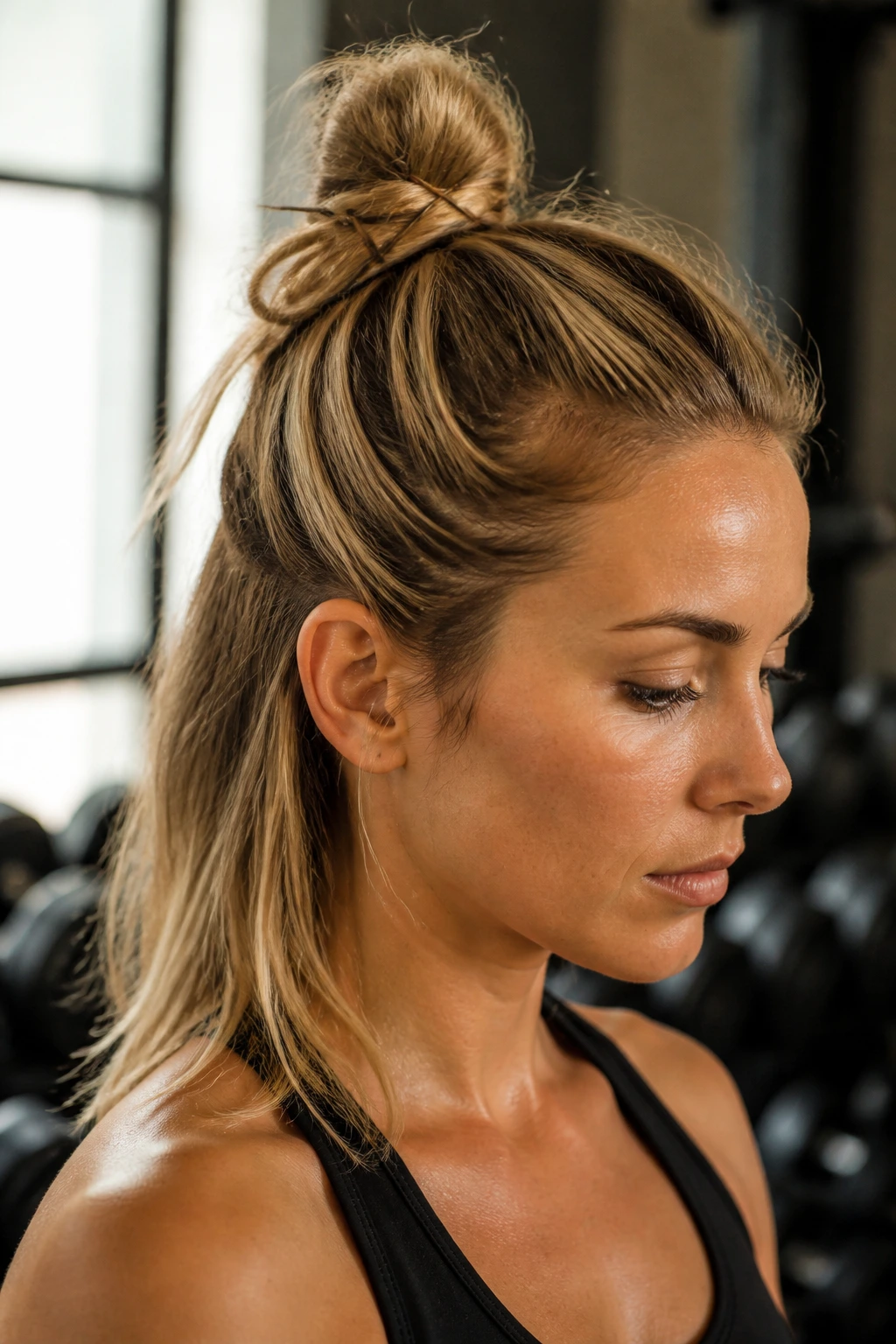 Close-up portrait of a person with a half-up top knot secured by grip pins in a gym.
