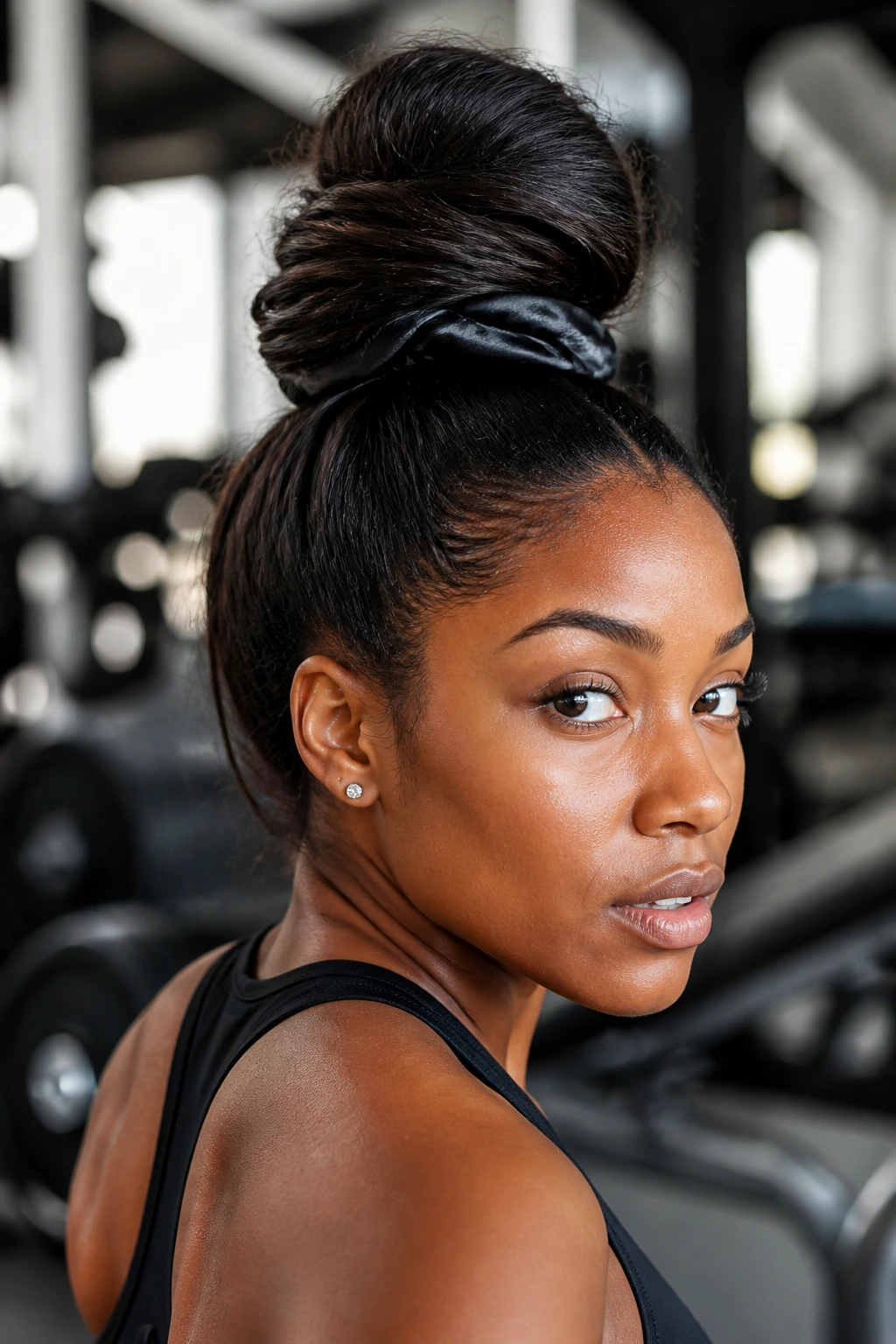 Close-up of a real woman with a high-volume crown bun secured with a satin scrunchie during a gym workout.