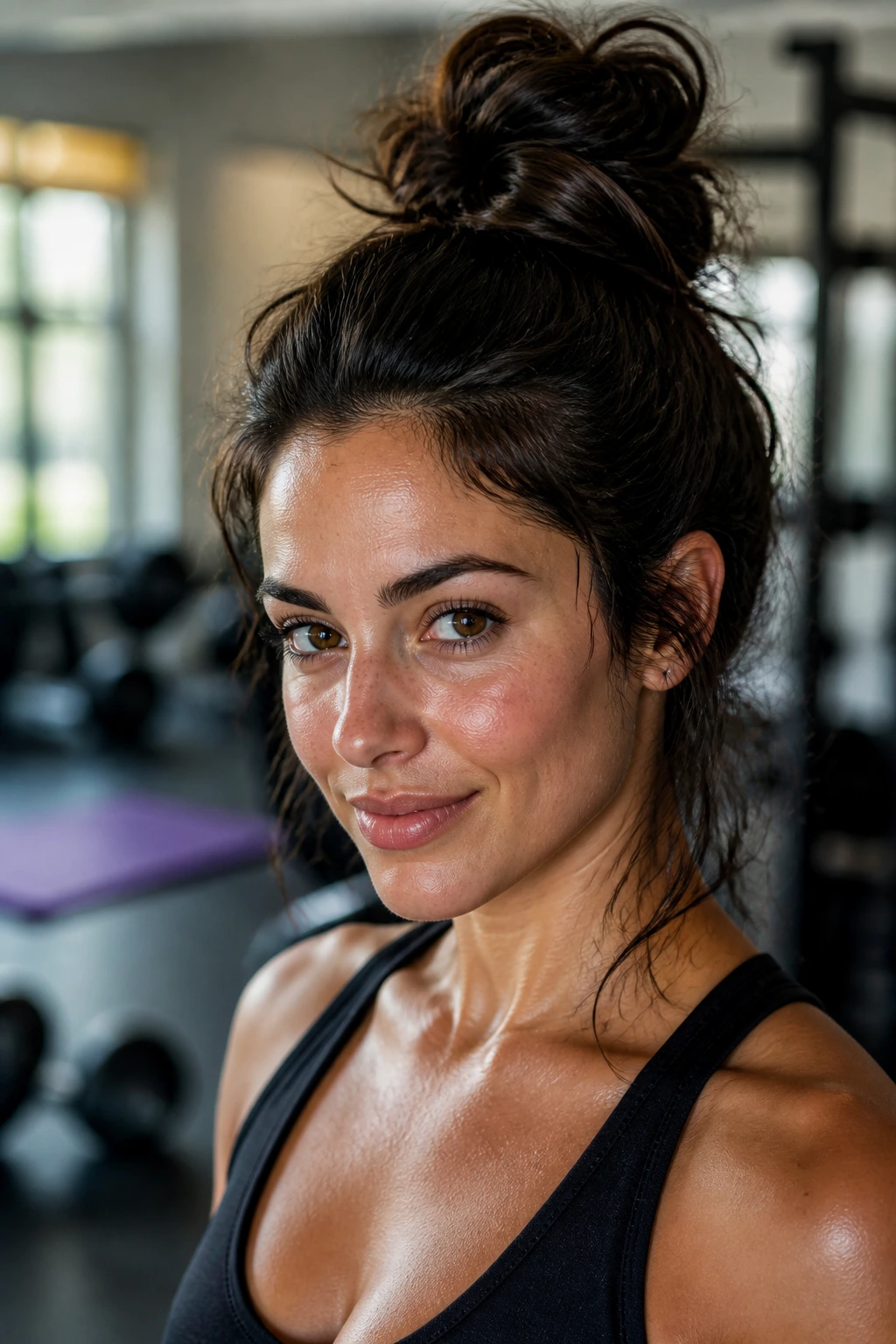 Real woman with a high-volume messy top knot during a gym workout, dark hair and focused expression
