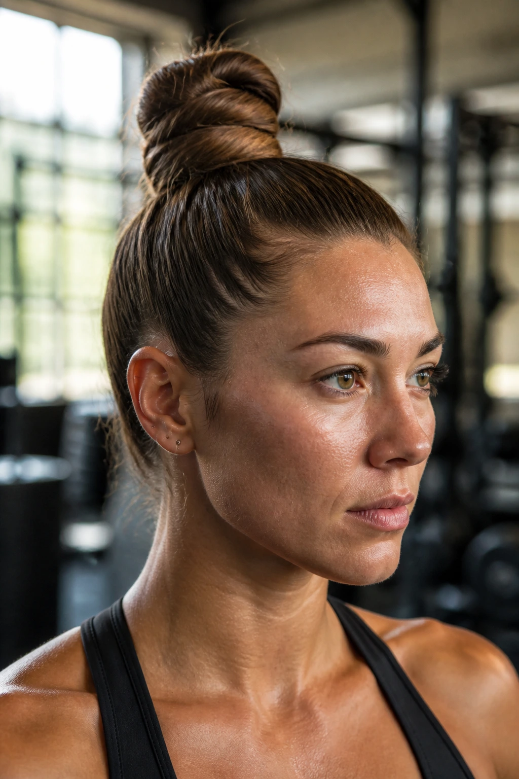 Close-up of a real athlete with a high-top knot against a gym background