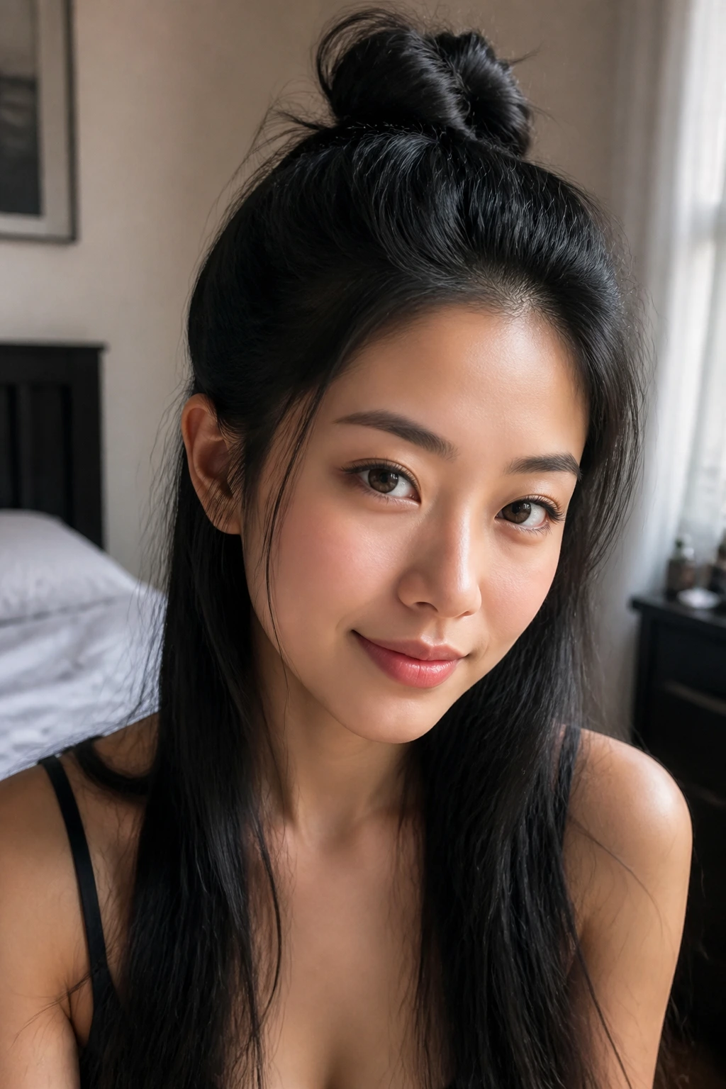 Close-up portrait of a real woman with a half-up, half-down top knot on jet-black hair under warm window light