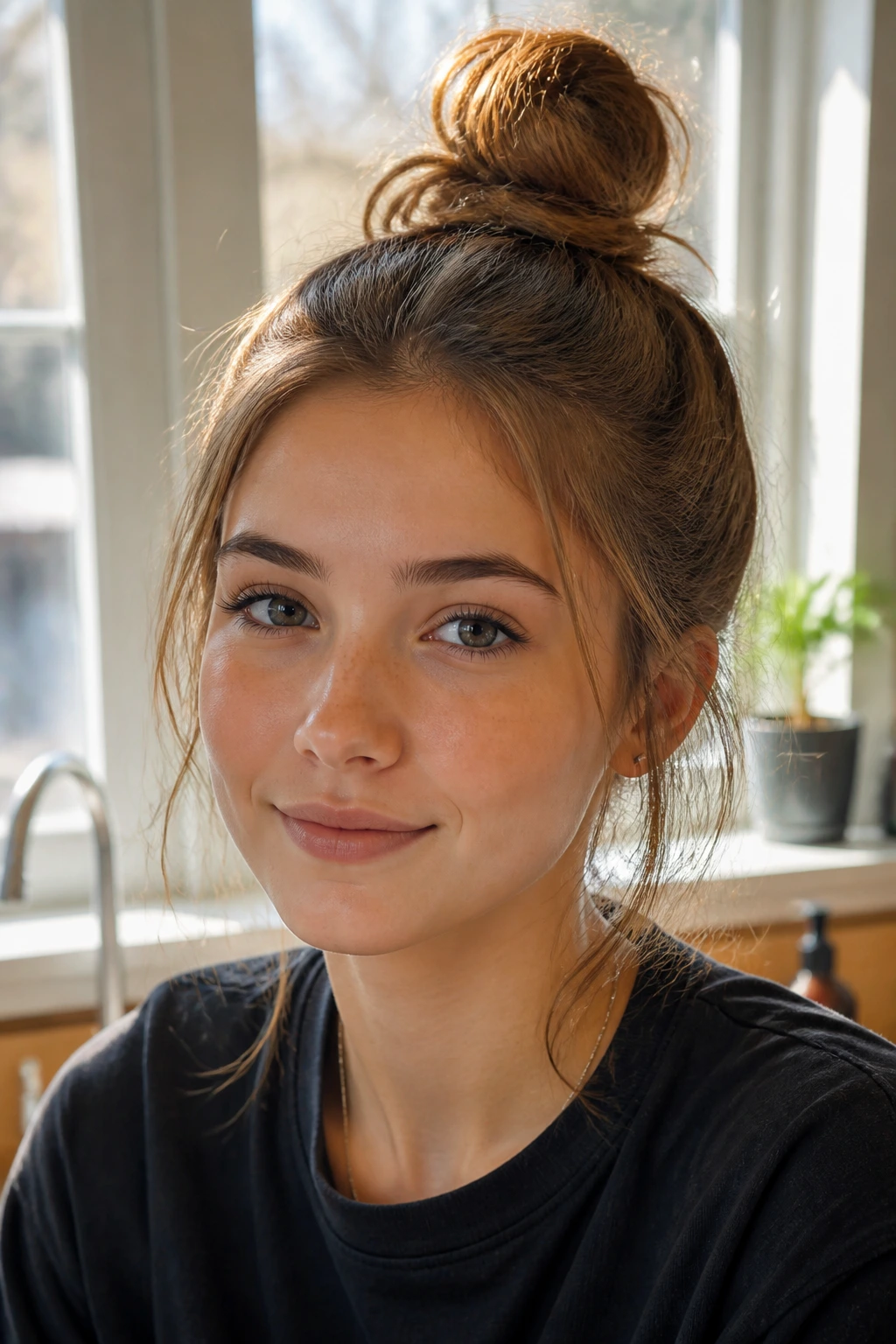 Close-up portrait of a real person with a top knot hairstyle and loose strands around the temples.