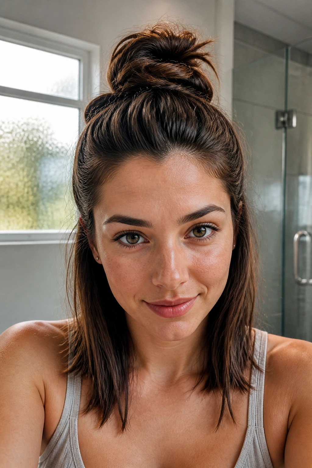 Close-up of real woman with a top knot half-bun high on the head in bright daylight
