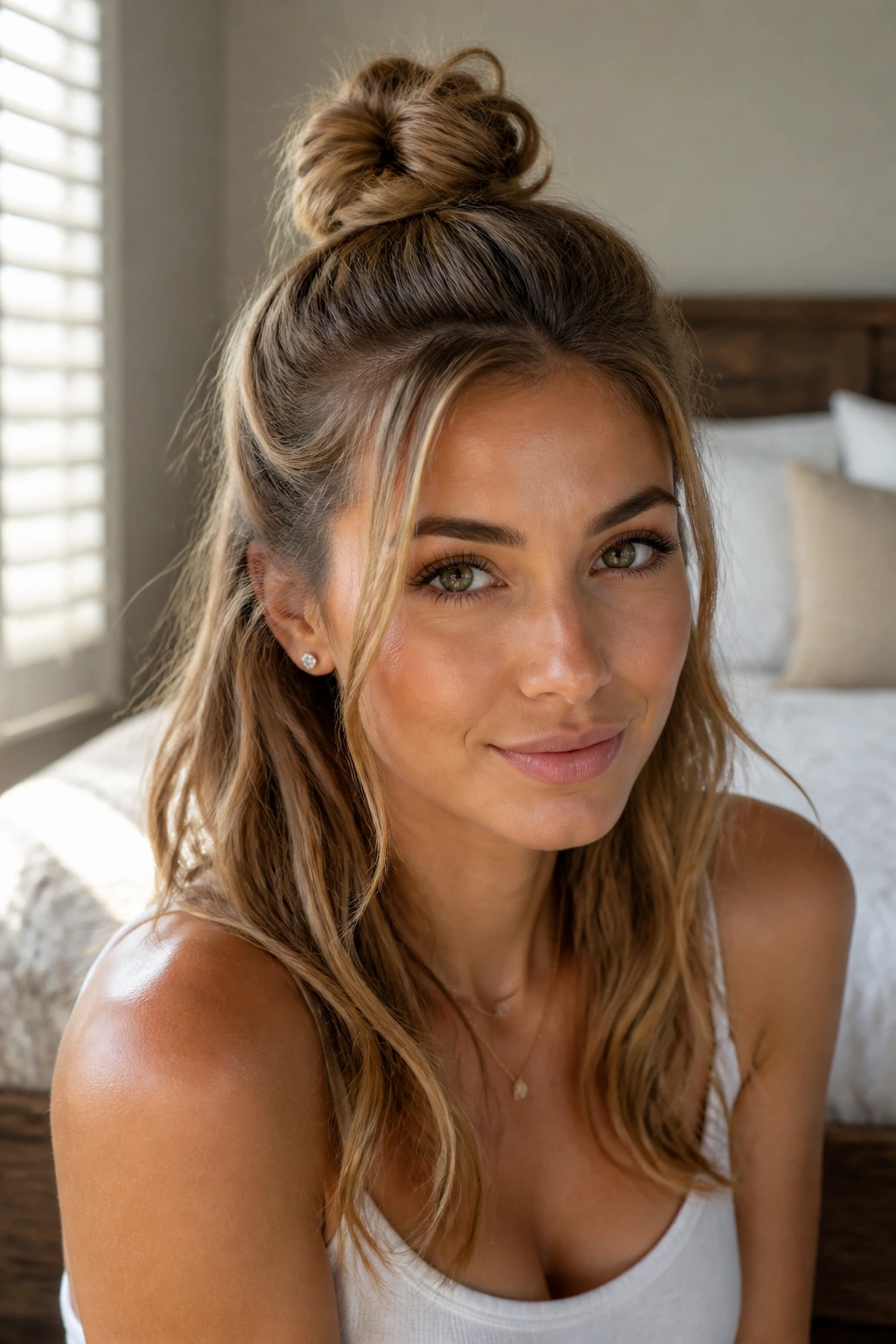Close-up portrait of a woman with a half-up top knot hairstyle