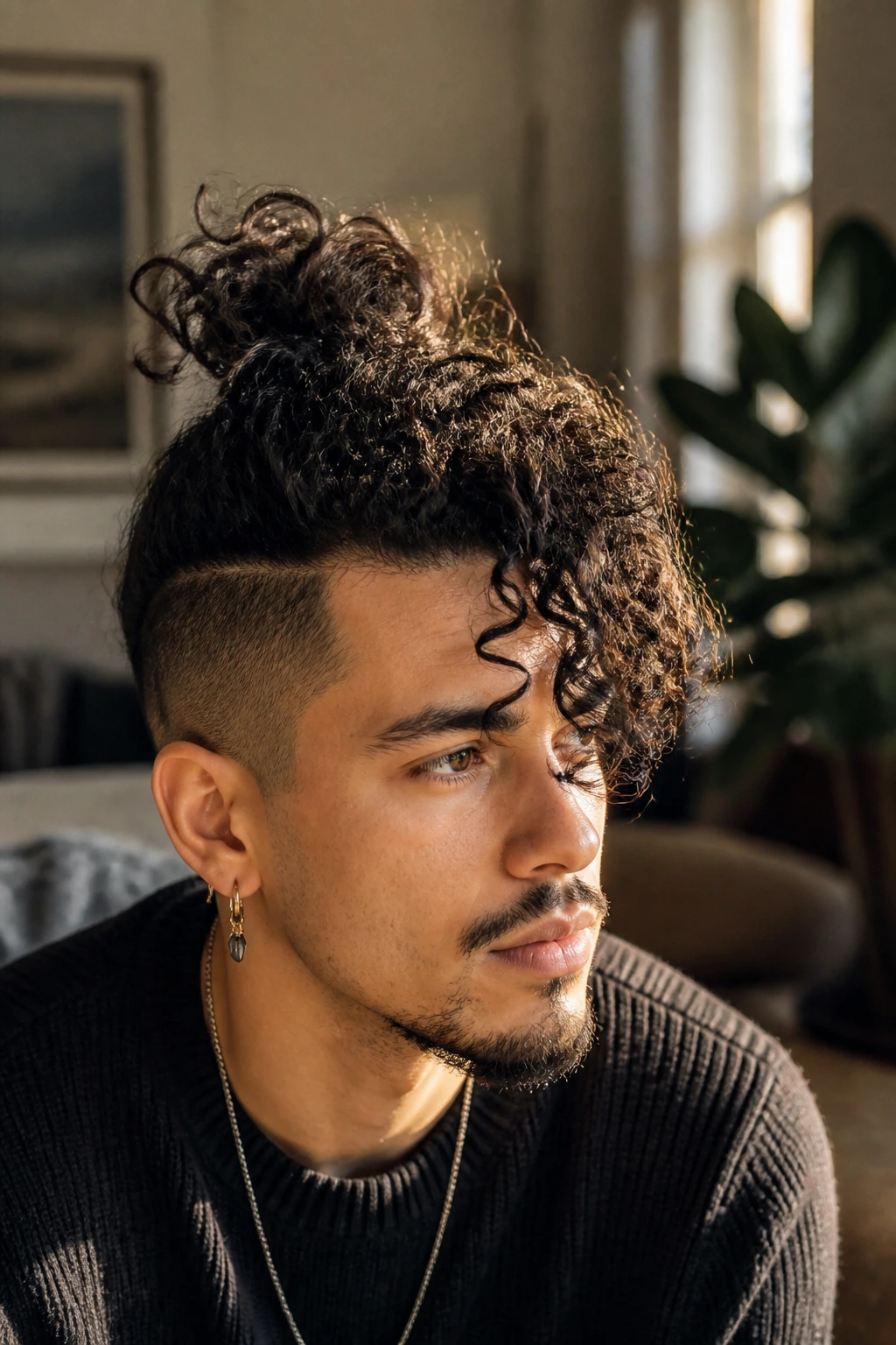 Close-up of a real person with a messy top-knot in a warm living room setting.