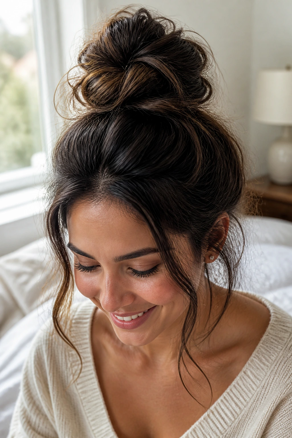 Woman with a messy textured top knot in a softly lit bedroom