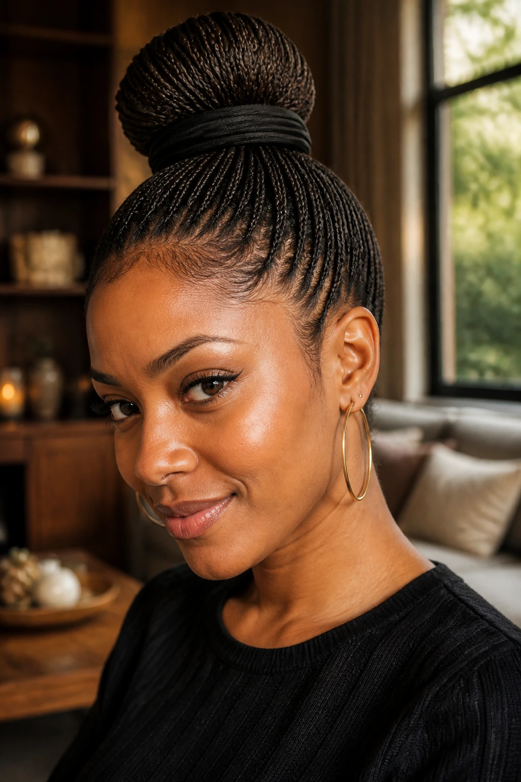 Close-up portrait of a real woman with a voluminous top knot made of micro braids.