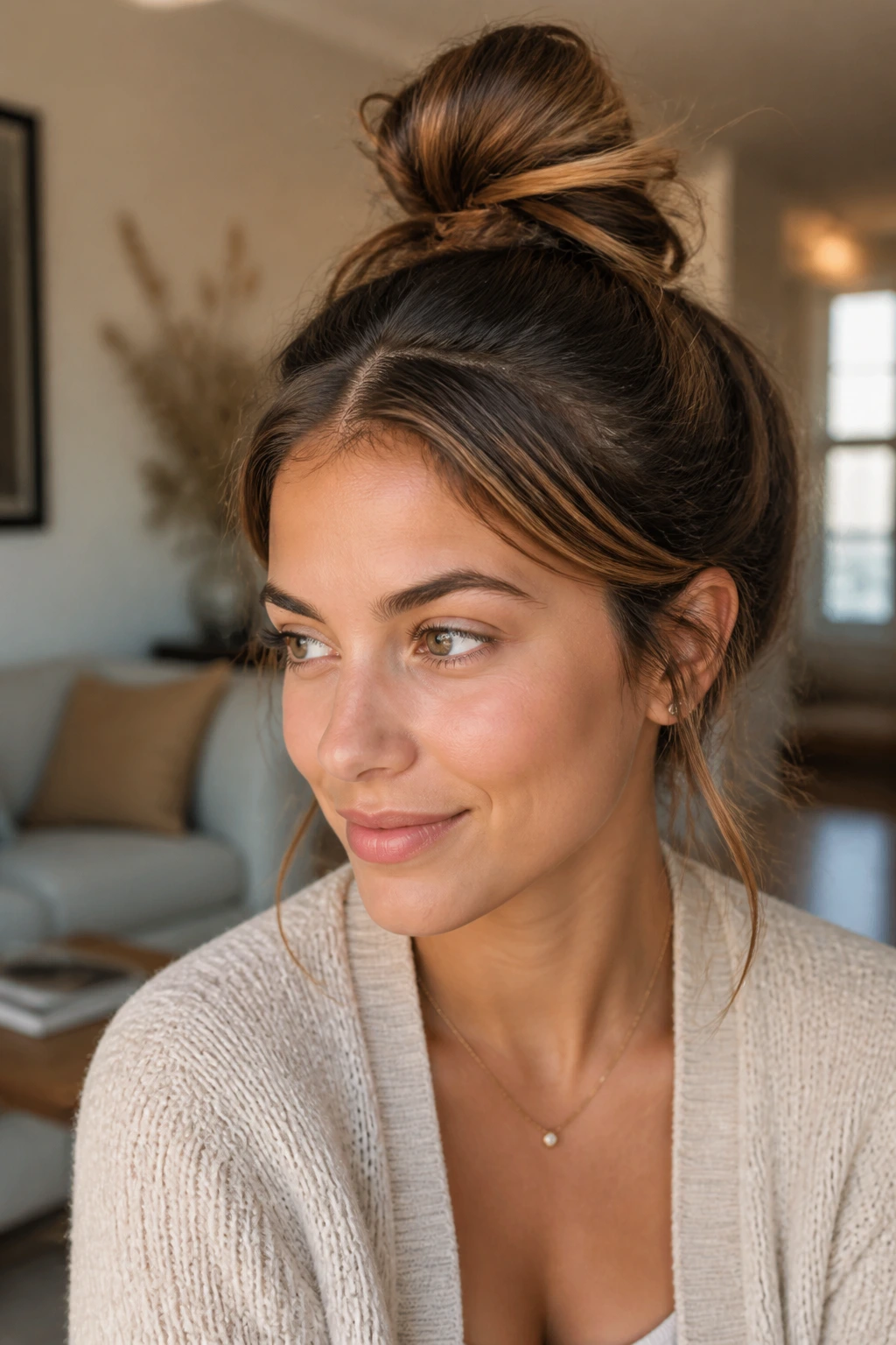 Close-up of a woman with a middle-part and a messy top knot.