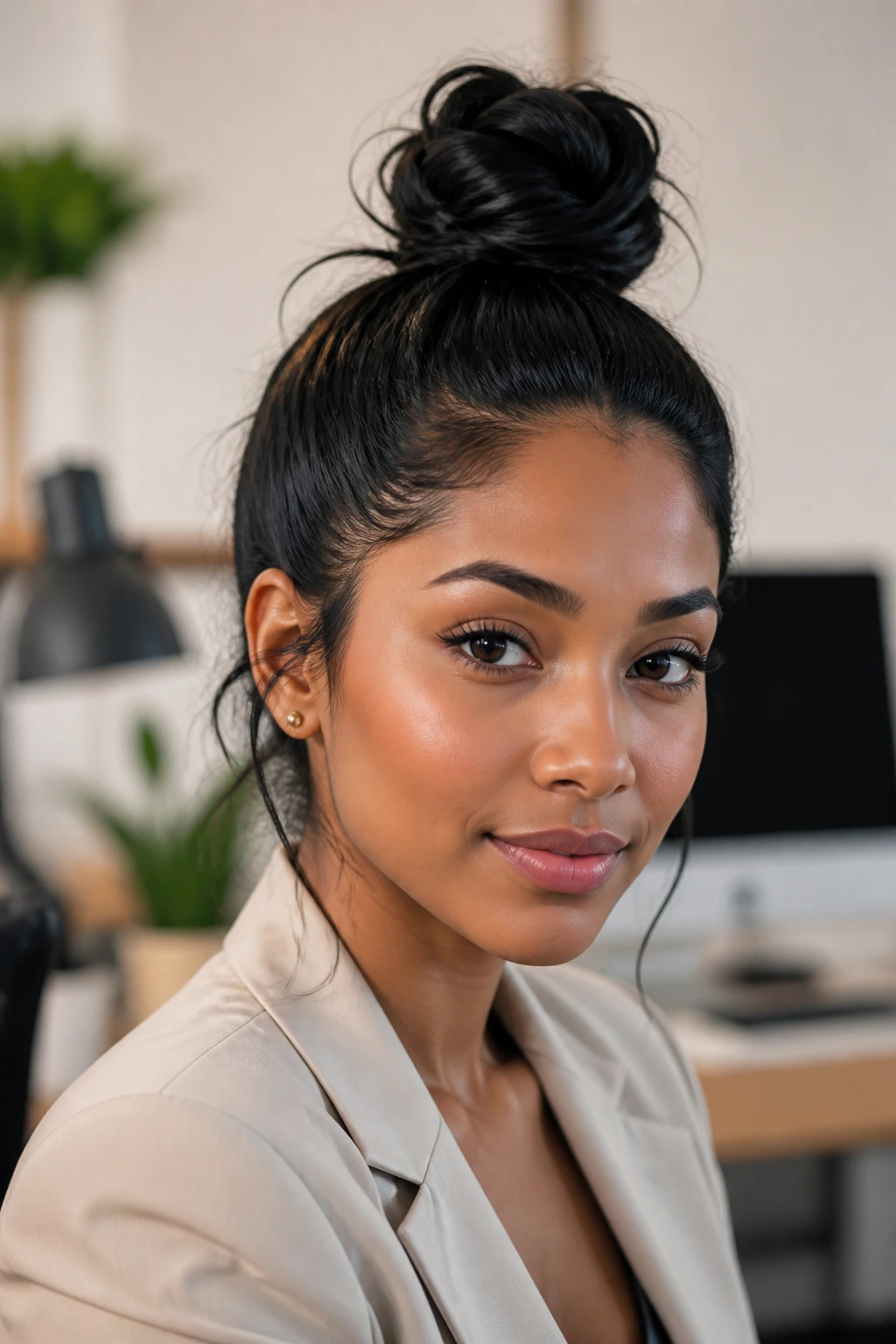 Close-up of a real woman with a tamed top knot in a quiet office