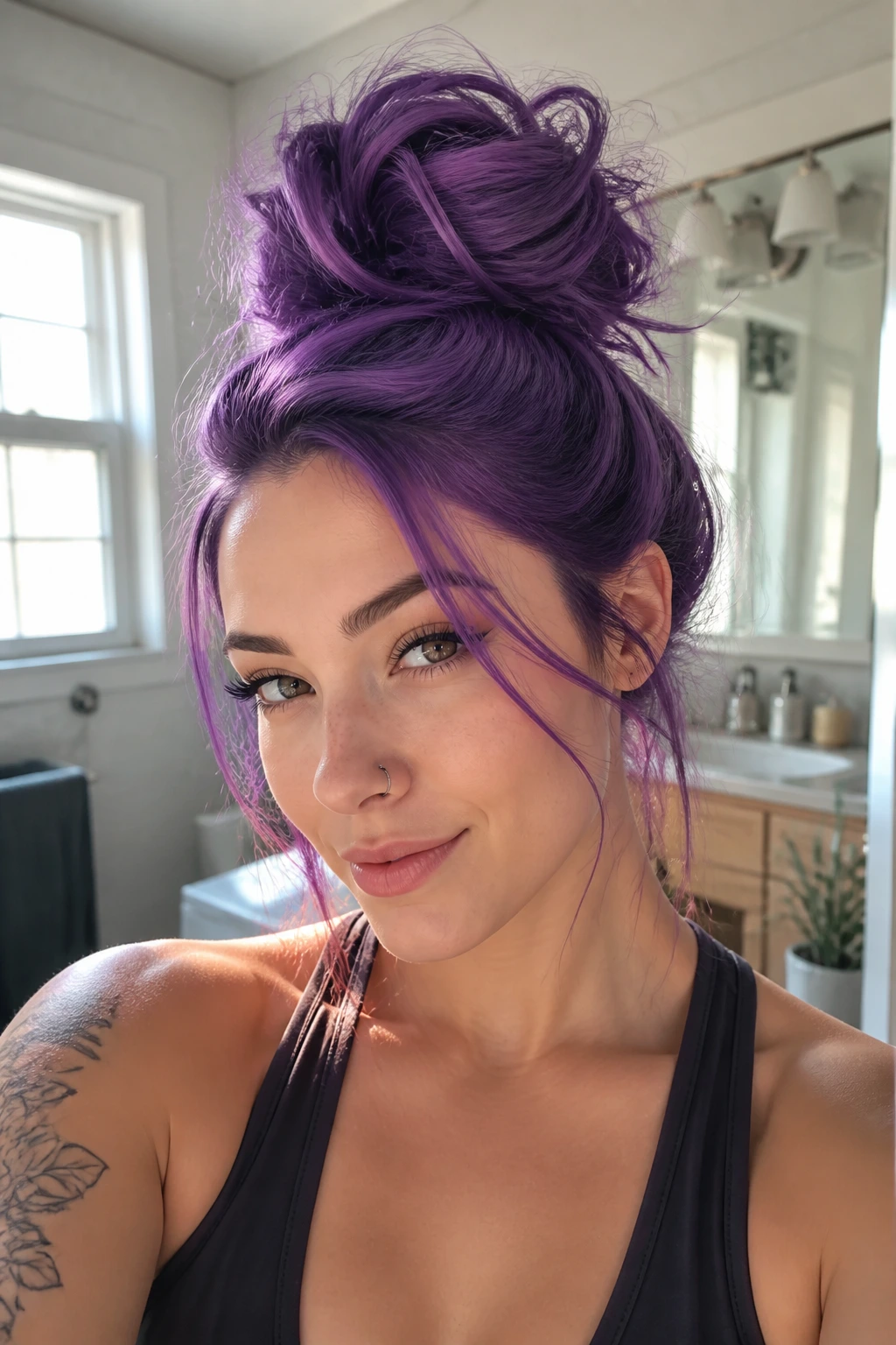 Close-up of electric purple hair in a high-volume top knot