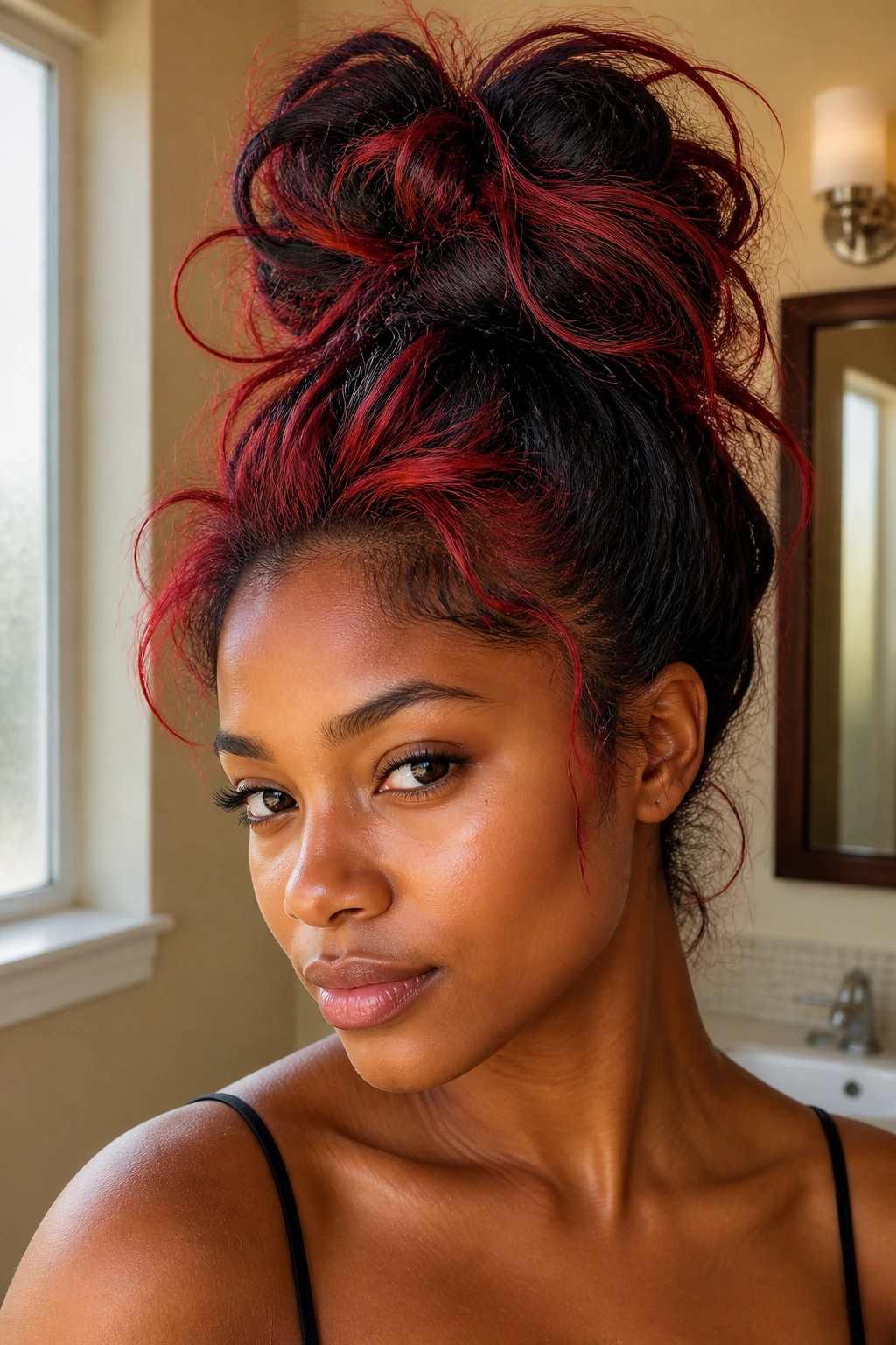 Close-up of a dark-haired woman with a high-volume messy top knot and red-tipped ends