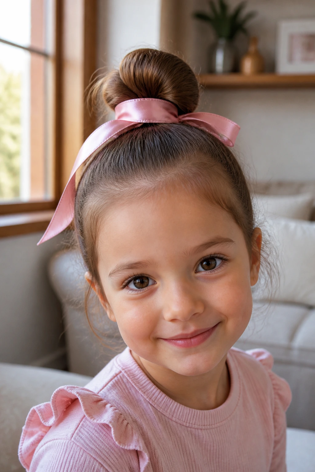 Close-up of a child with a top knot bun wrapped by a ribbon.