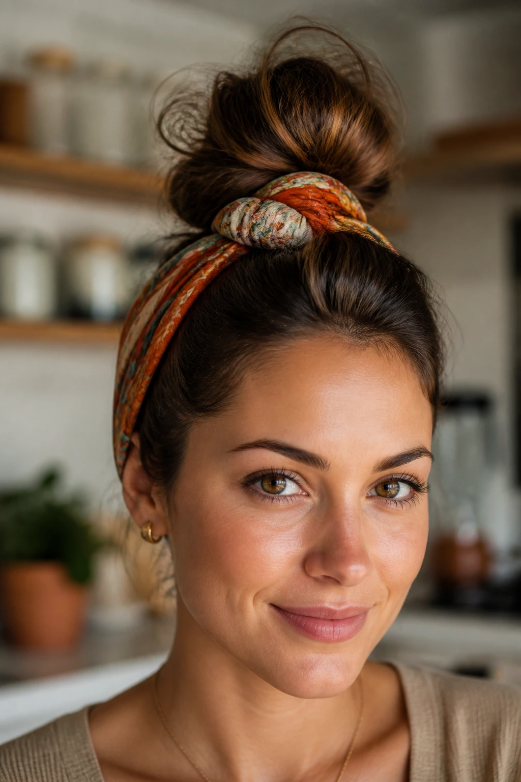 Close-up of a real woman with a top knot wrapped with a scarf