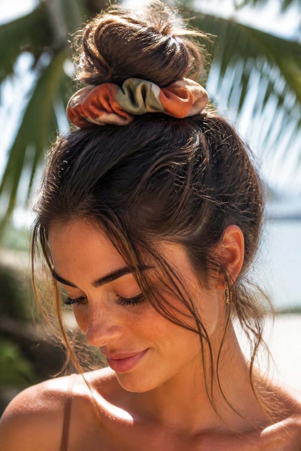 Close-up of a real woman with a messy top knot and large scrunchie outdoors
