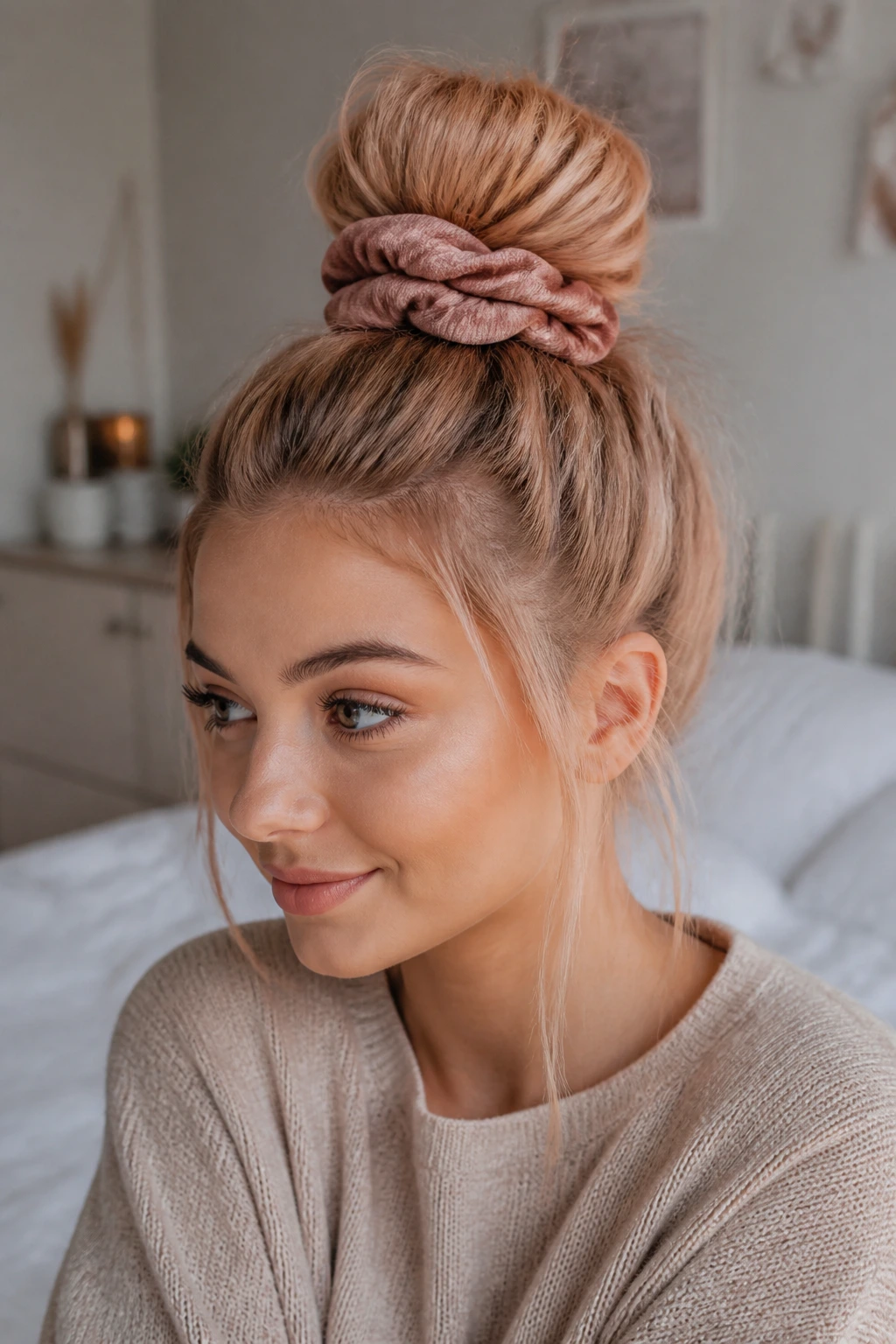 Portrait of real woman with top knot and scrunchie