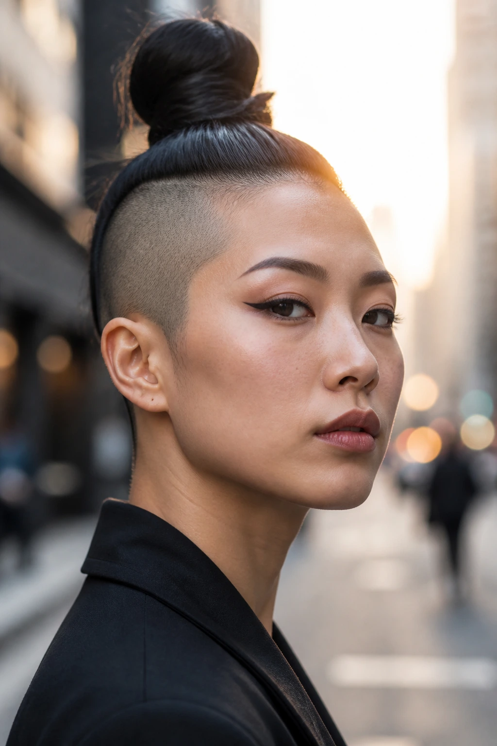 Close-up portrait of a real Asian woman with shaved sides and a top knot in morning light