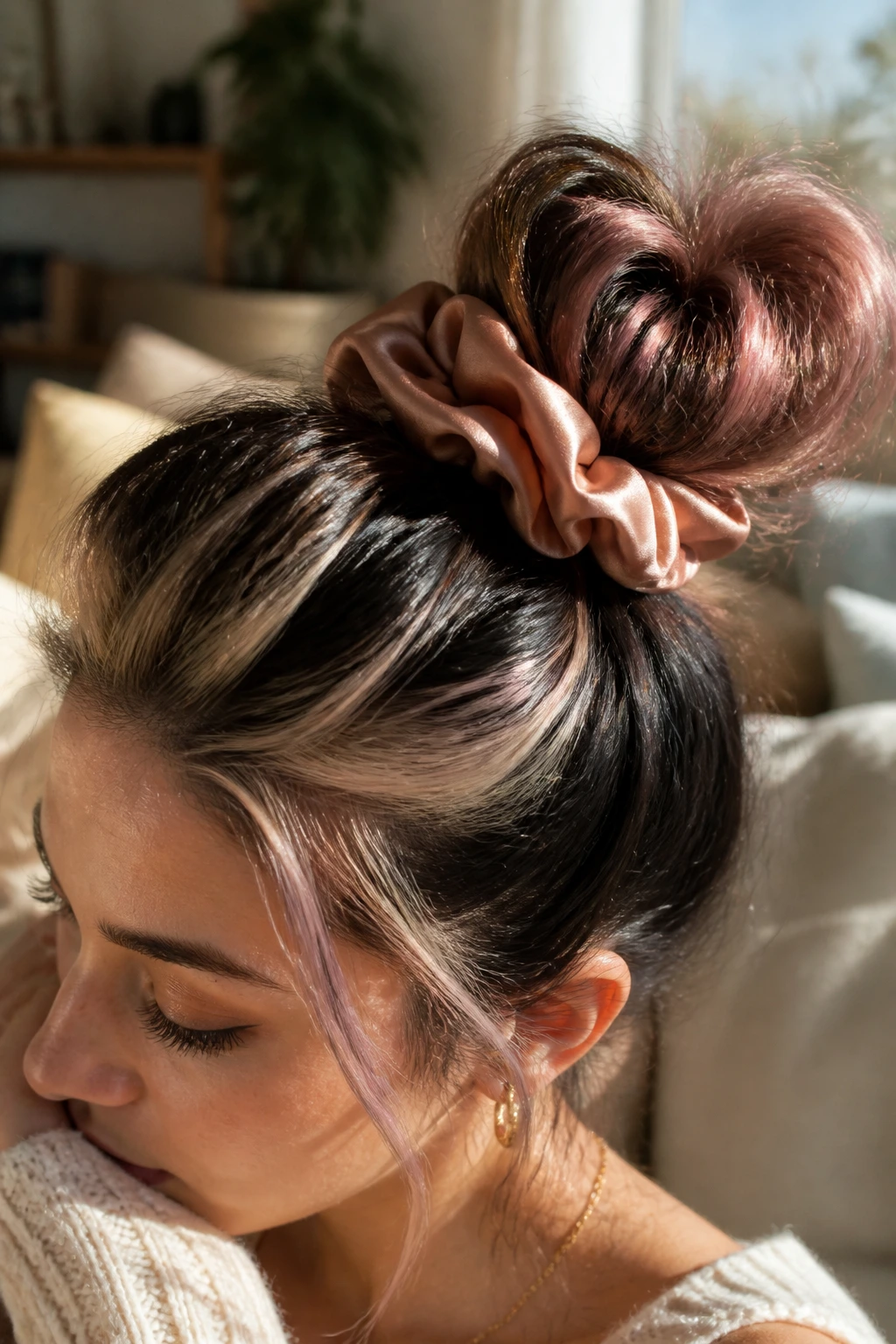 Real woman with messy top knot and silk scrunchie in Gemini colors