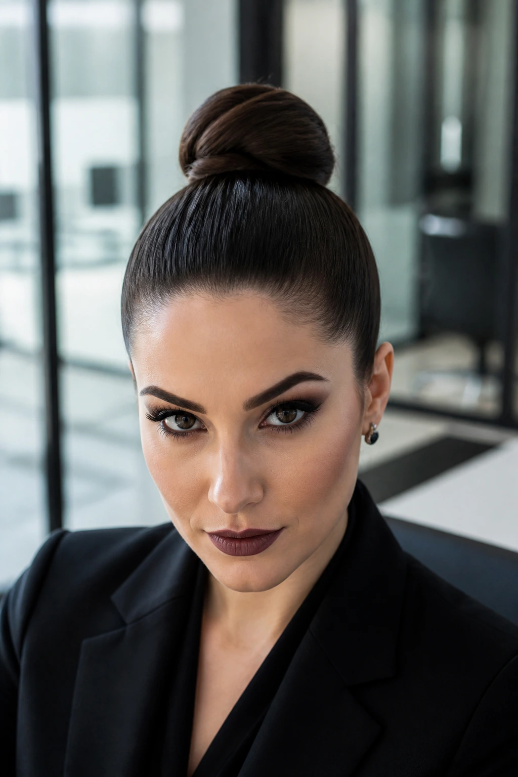 Portrait of a person with a sleek high top knot in a modern office