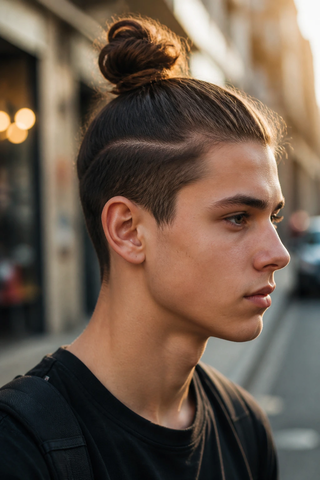 Teen boy with top knot hairstyle, side-profile portrait in urban street setting