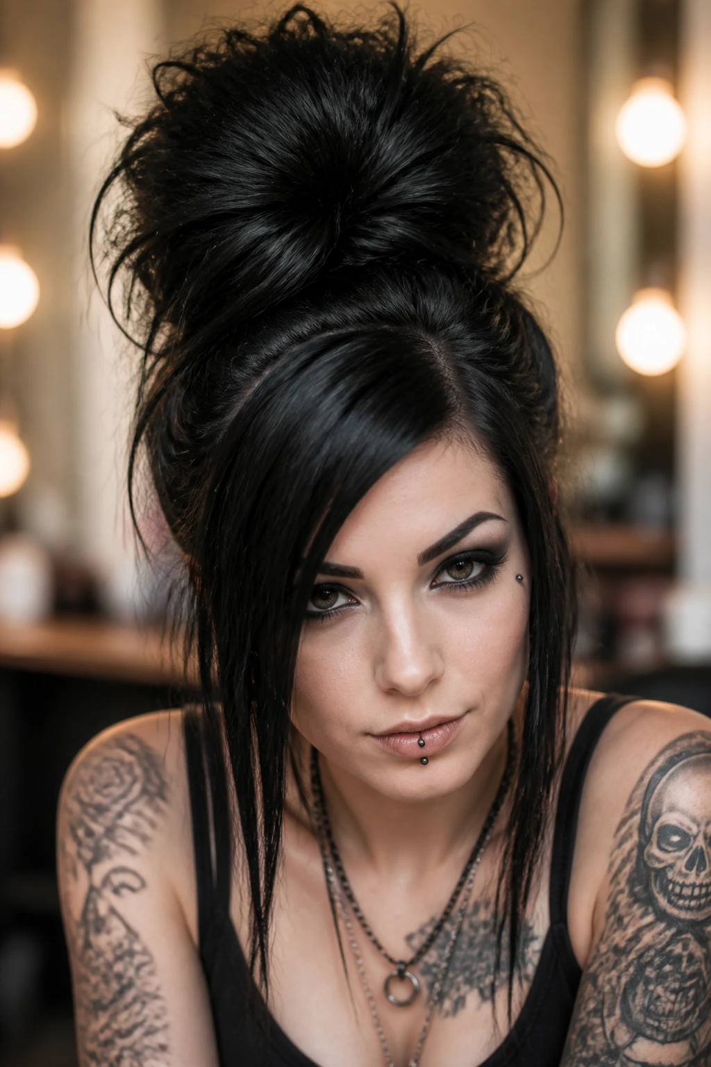 Real woman with a dramatic backcombed top knot and side tendrils