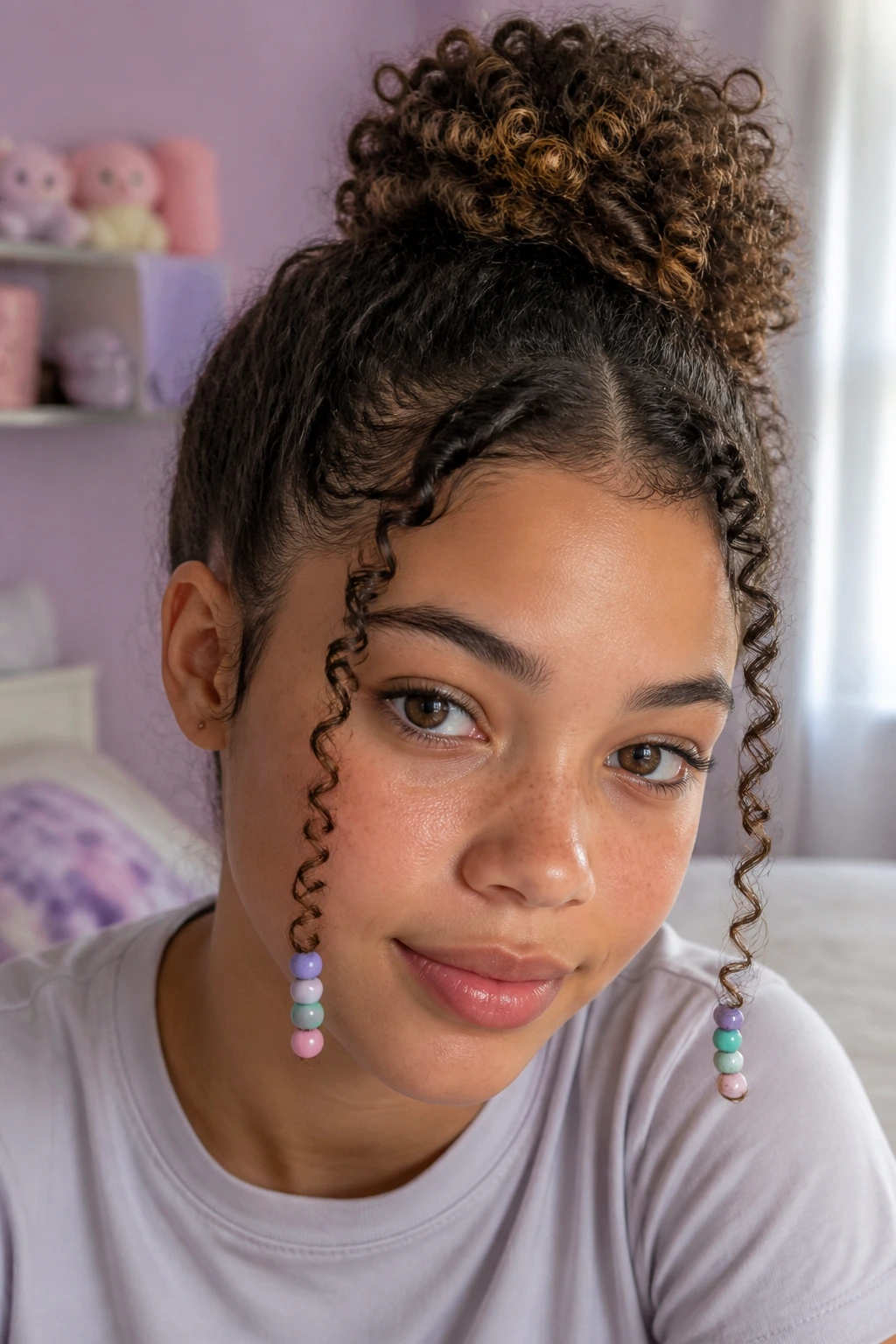 Close-up of a real person with a high bun and pastel bead-tipped tendrils framing the face