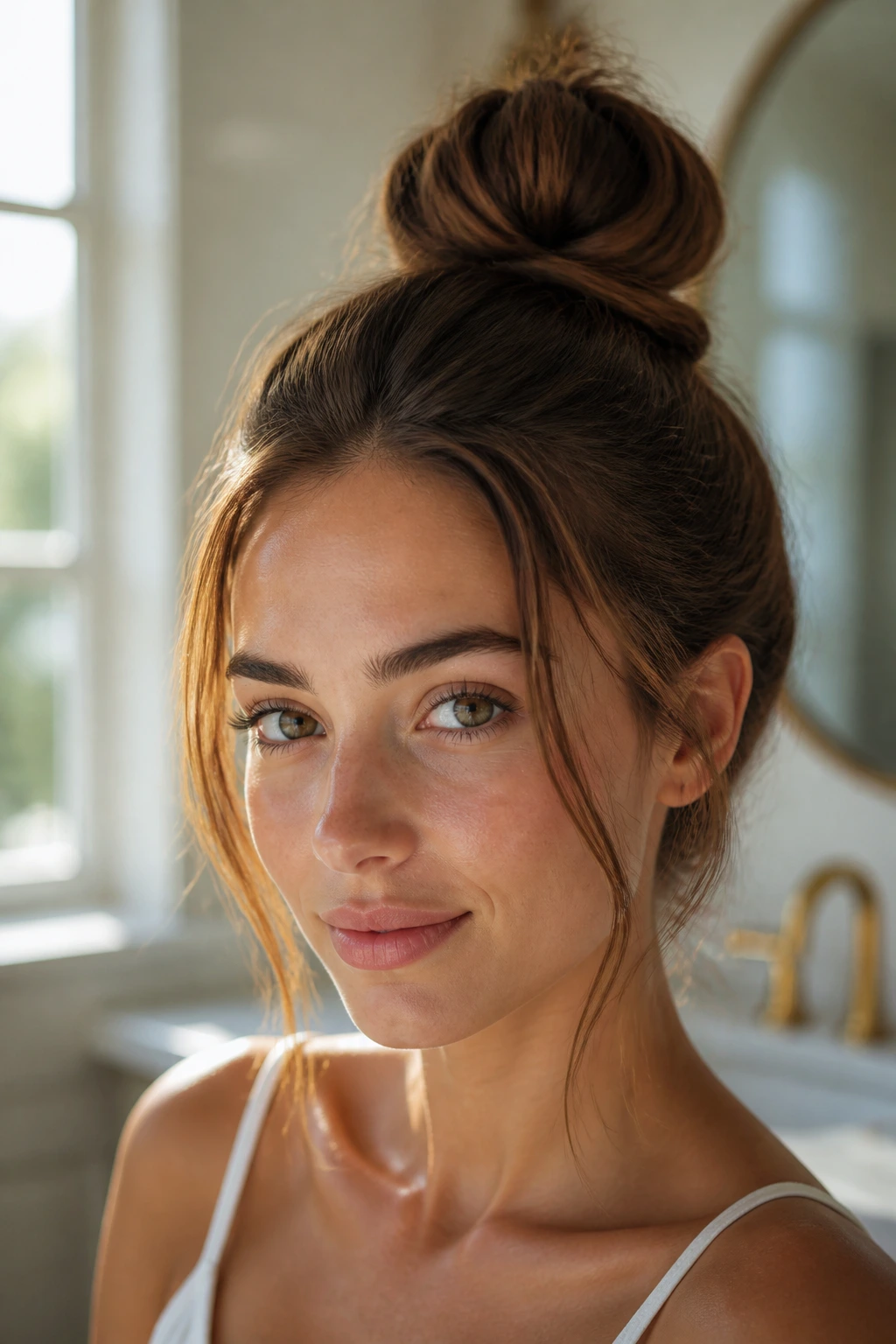 Close-up of a woman with a high top knot and face-framing tendrils in warm window light