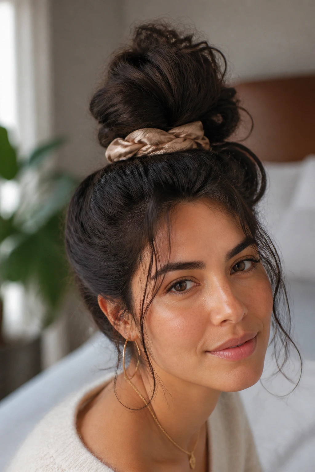 Real woman with a high-volume messy top knot at the crown, showing natural texture.
