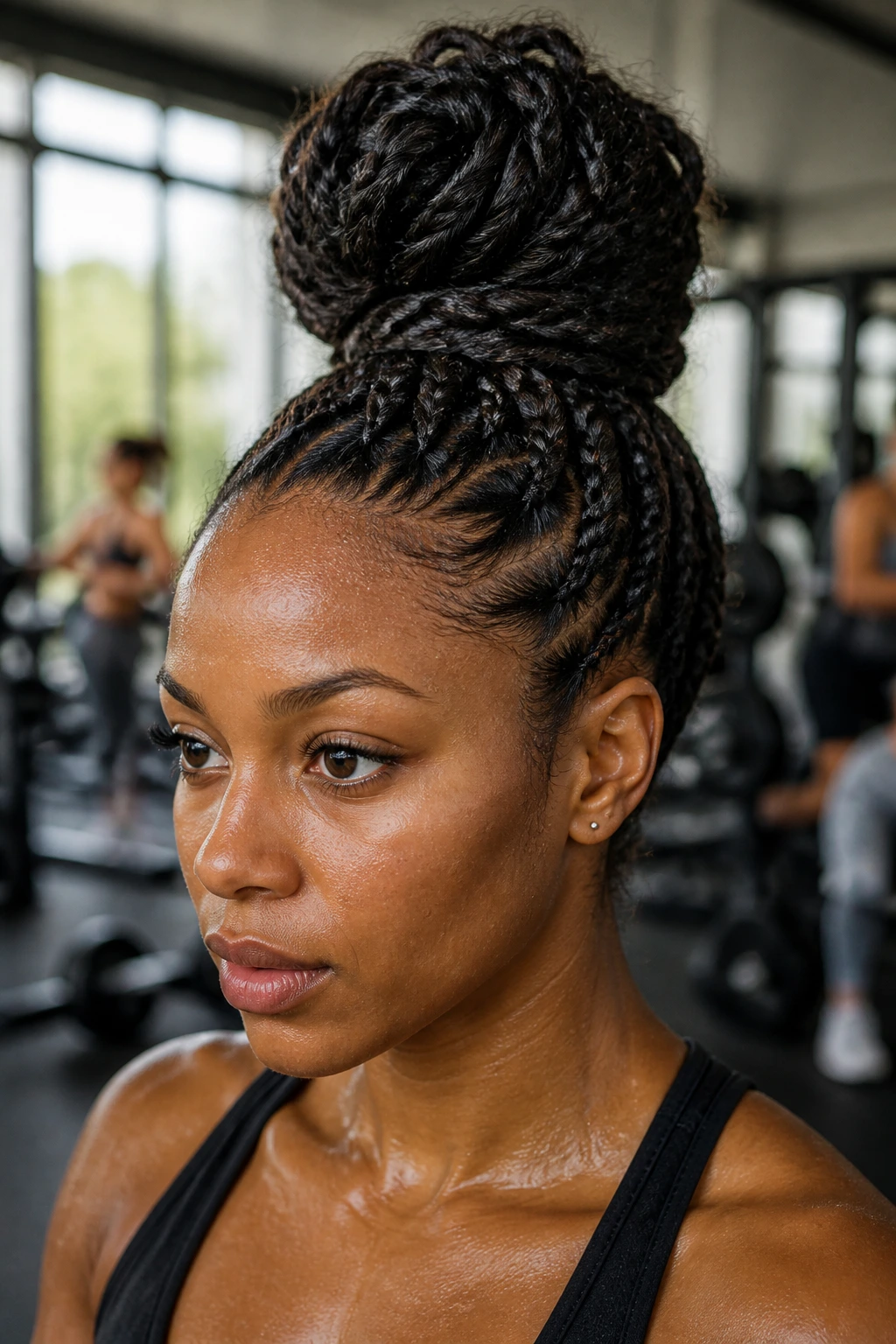 Close-up of a real woman wearing a high-volume top knot made from tree braids in a gym setting
