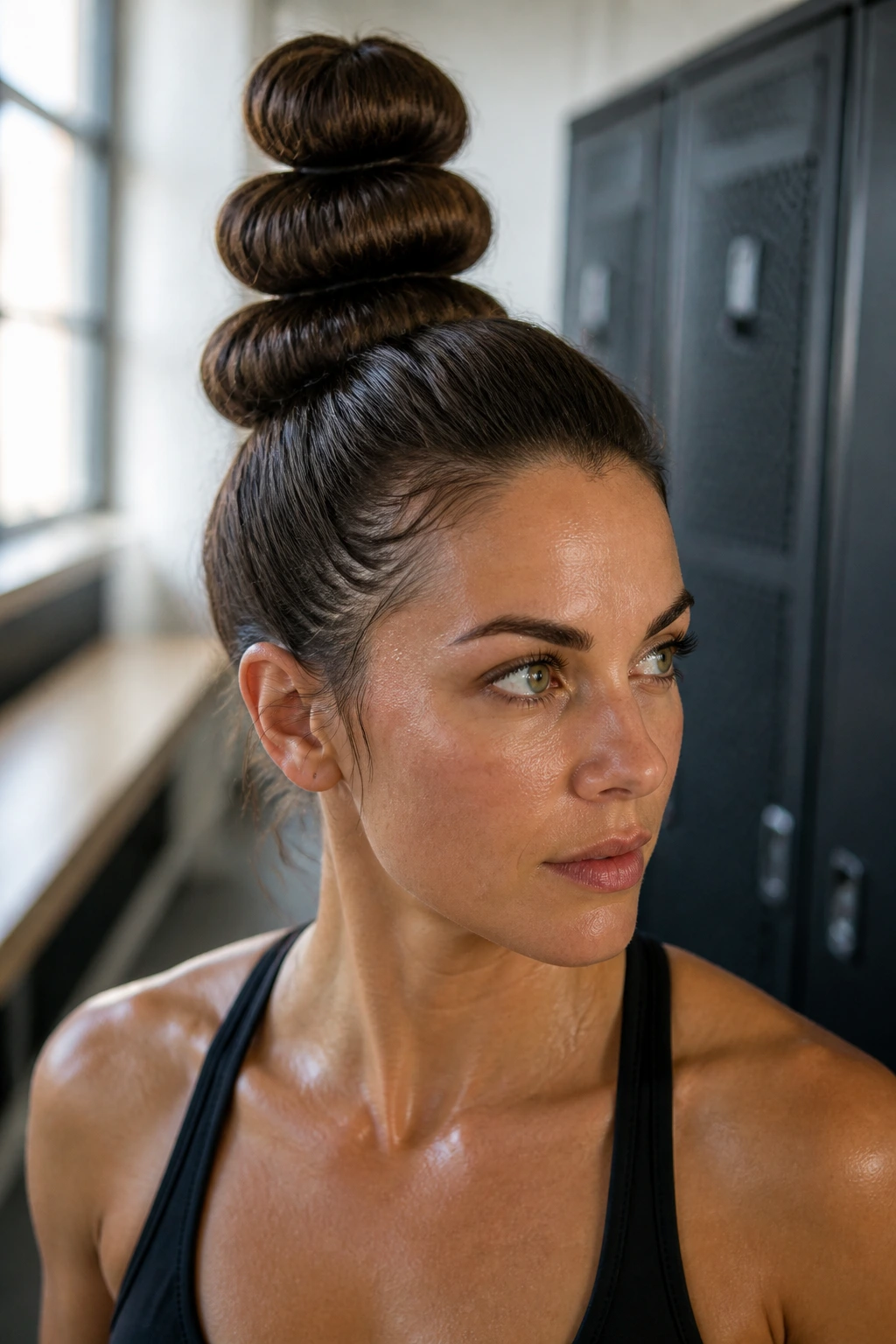 Close-up of a real woman wearing a triple-stacked top knot in a gym setting