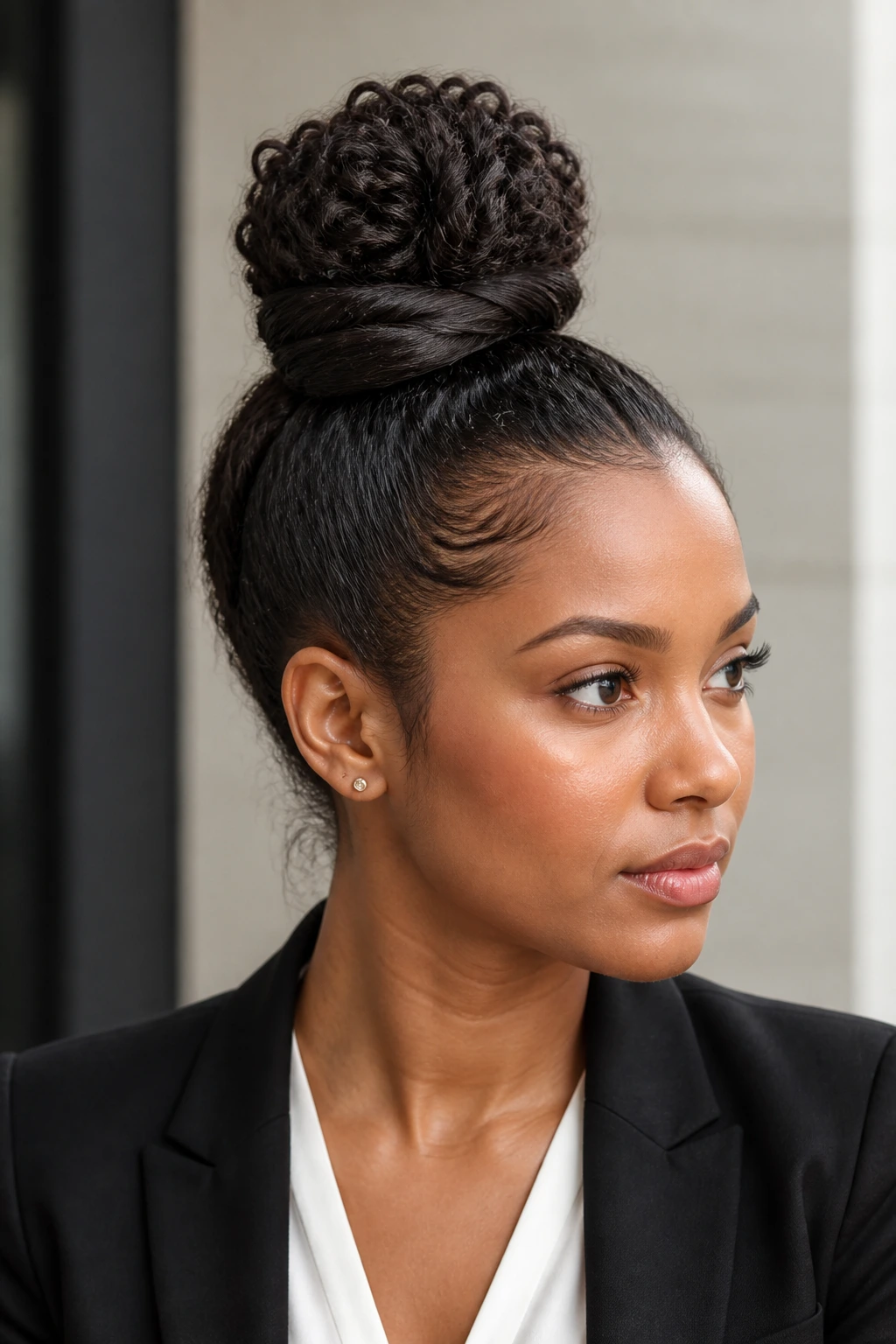 Close-up of a woman with a professional top knot with a twist in an office setting.