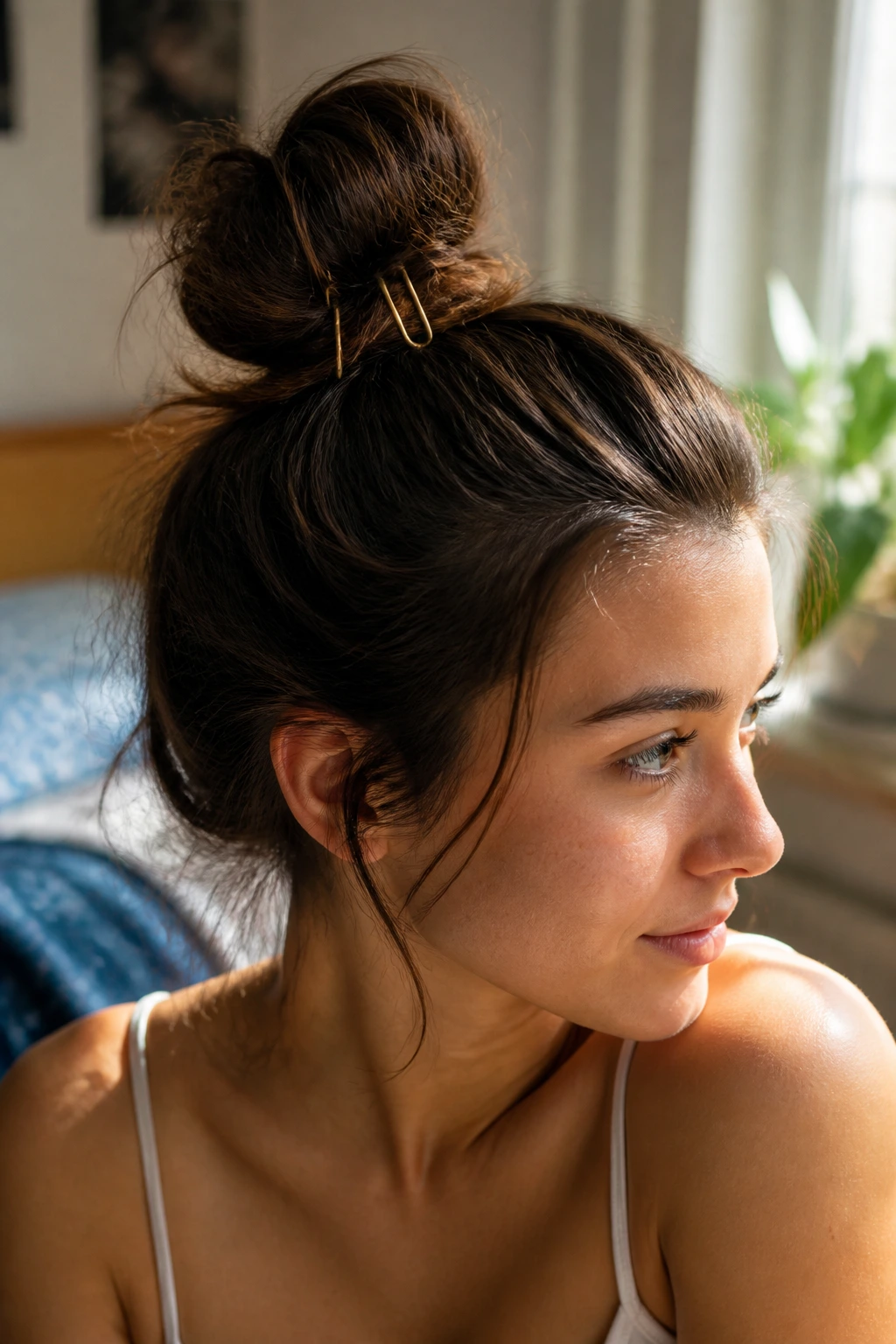 Close-up of messy top knot anchored with U-shaped pins on a real person