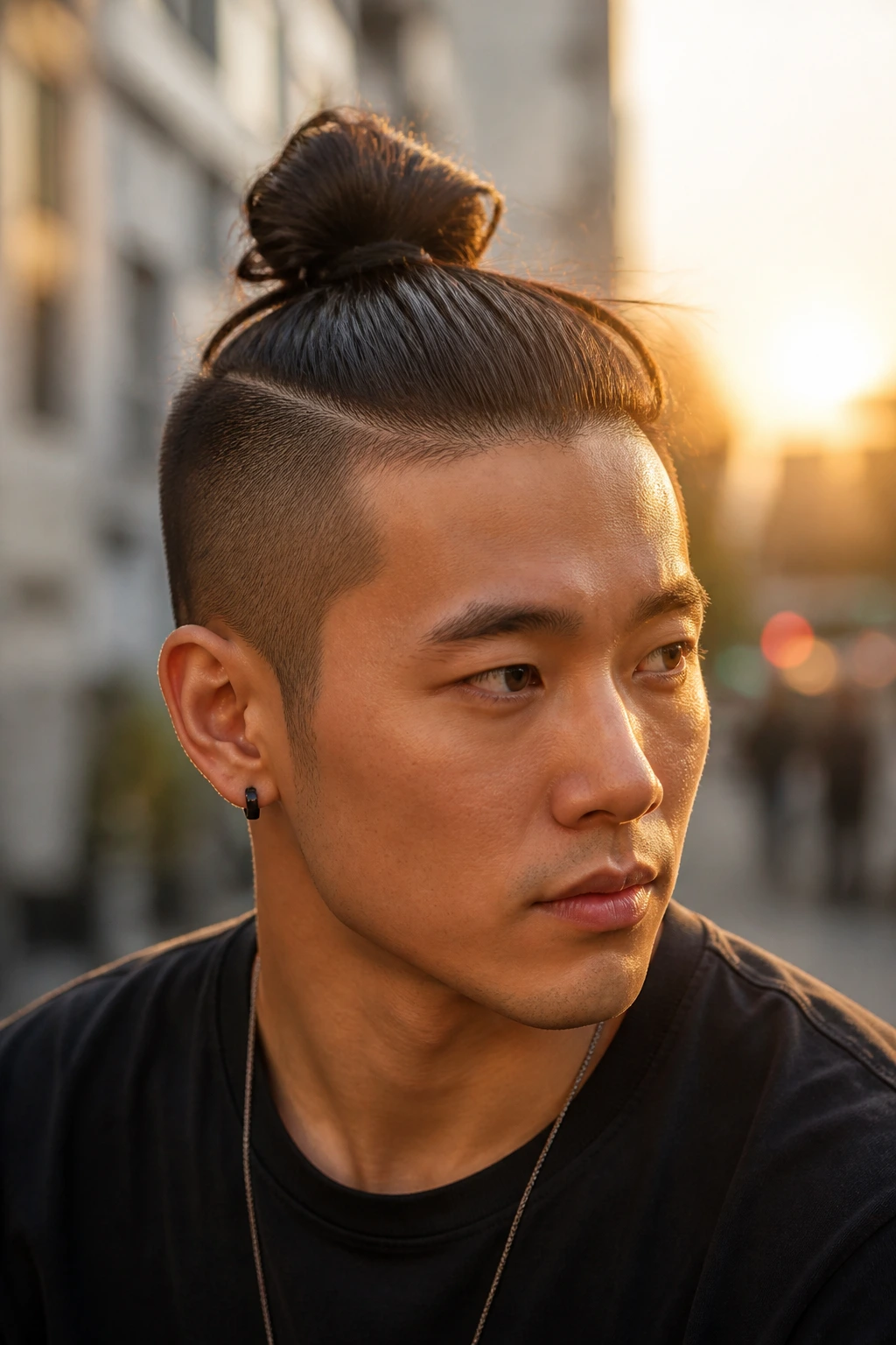 Close-up portrait of a real person with a long top knot undercut and shaved sides, outdoors.