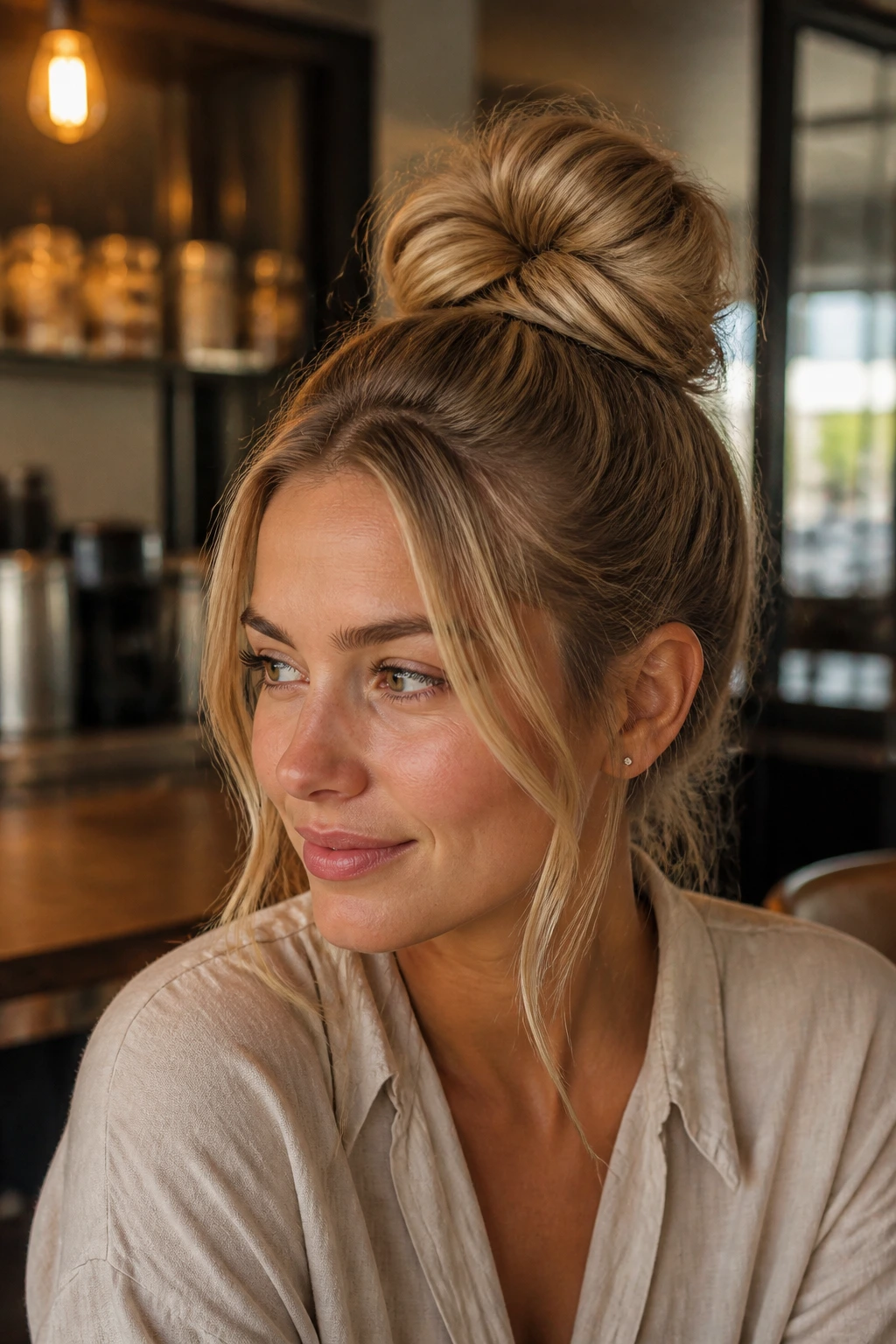 Medium close-up of a woman with a high-volume top knot in a cafe setting