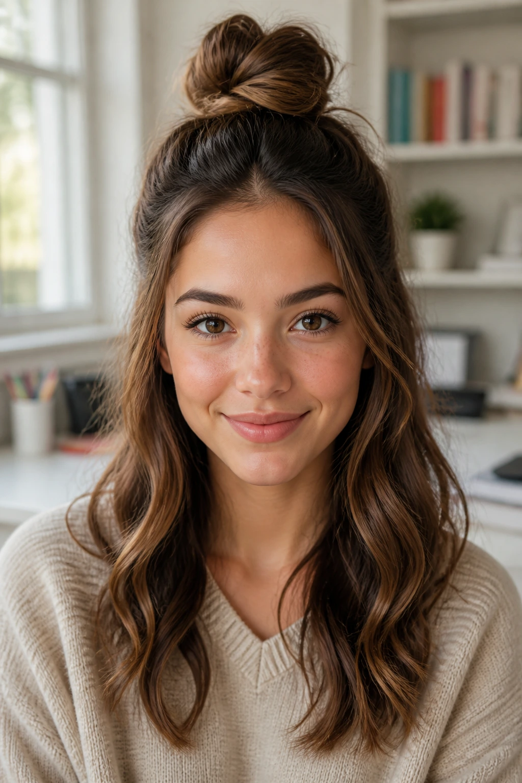 Close-up portrait of a person with a half-up top knot and soft waves