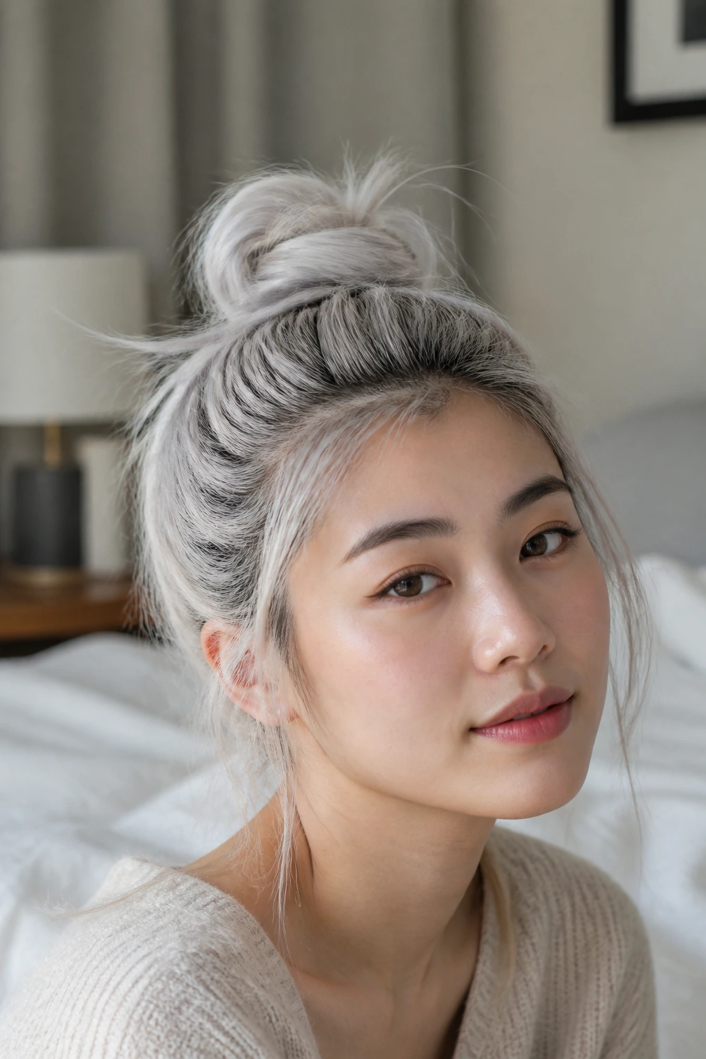 Portrait of Asian woman with messy top knot and white hair