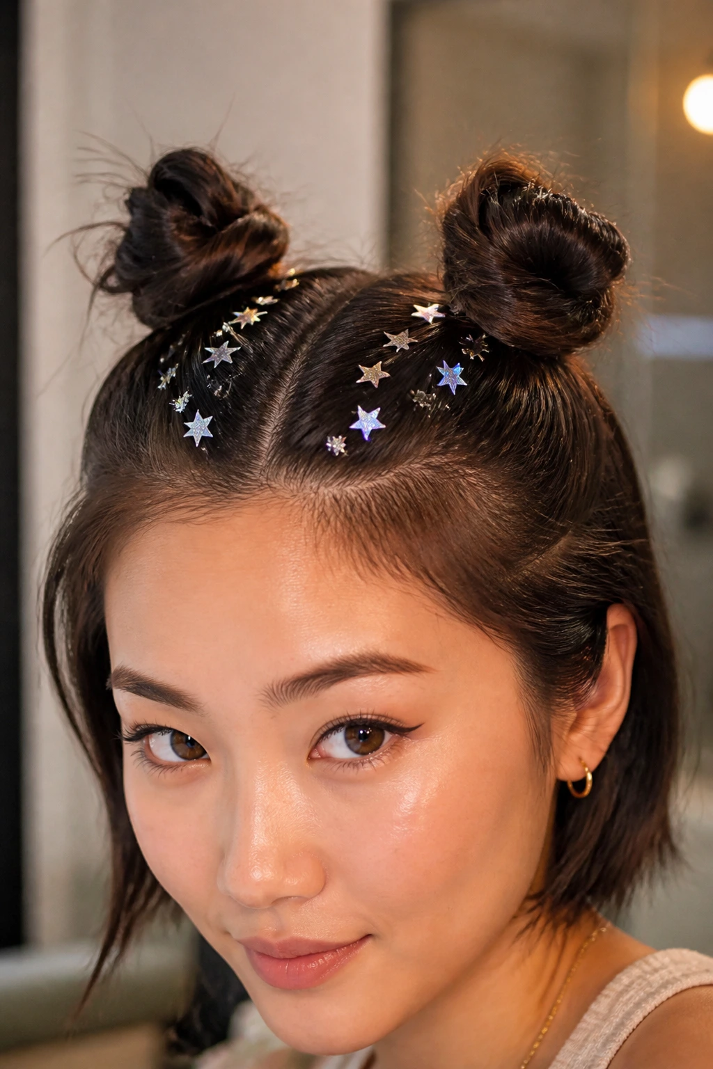 Close-up of real person with two top knots and star sequins