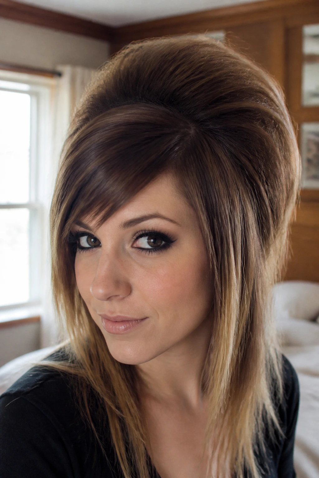 Close-up portrait of a real woman with a dramatic top-layer tease halo for crown volume, natural window light