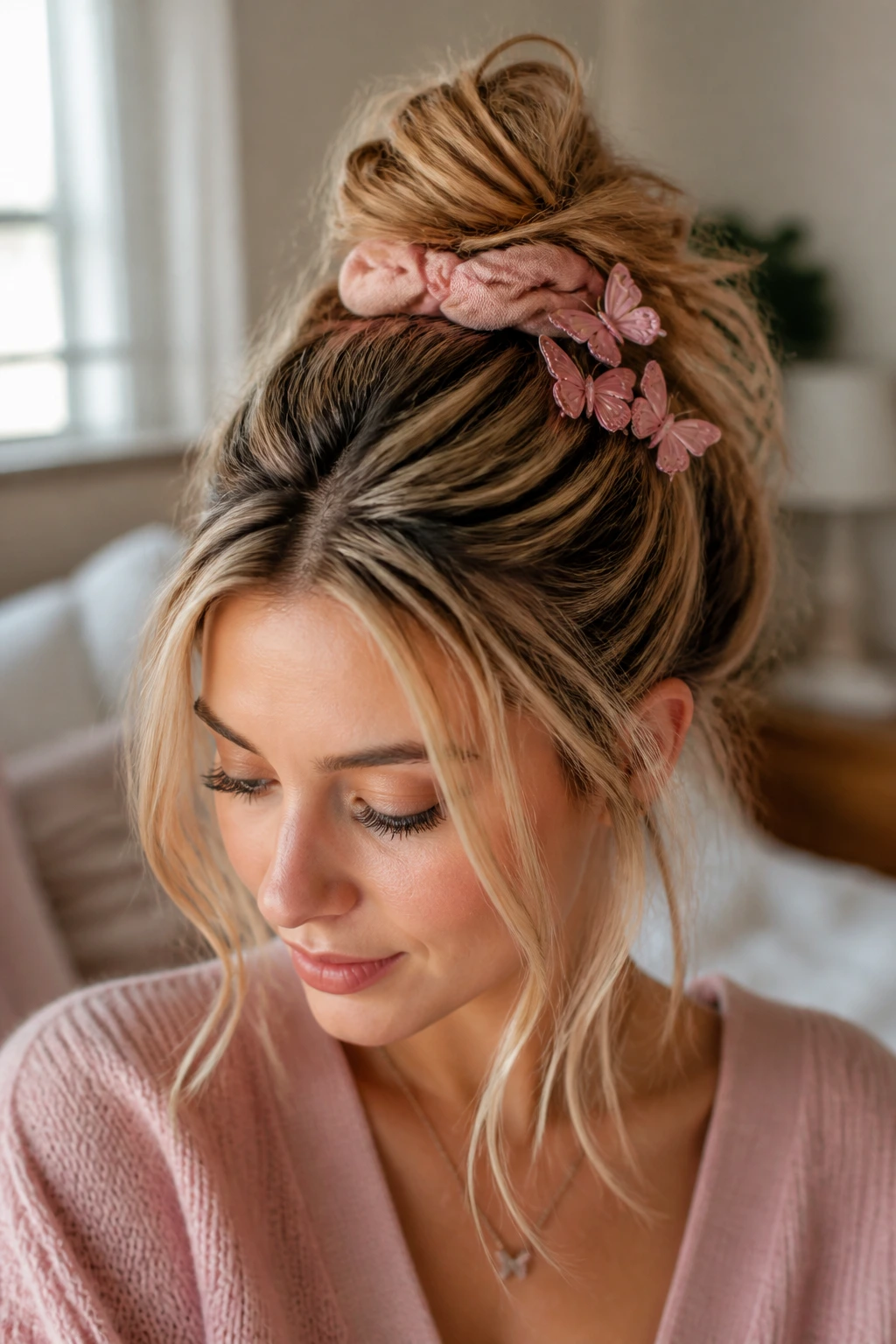 Close-up portrait of a real woman with a messy top knot and pink butterfly clips at the front.