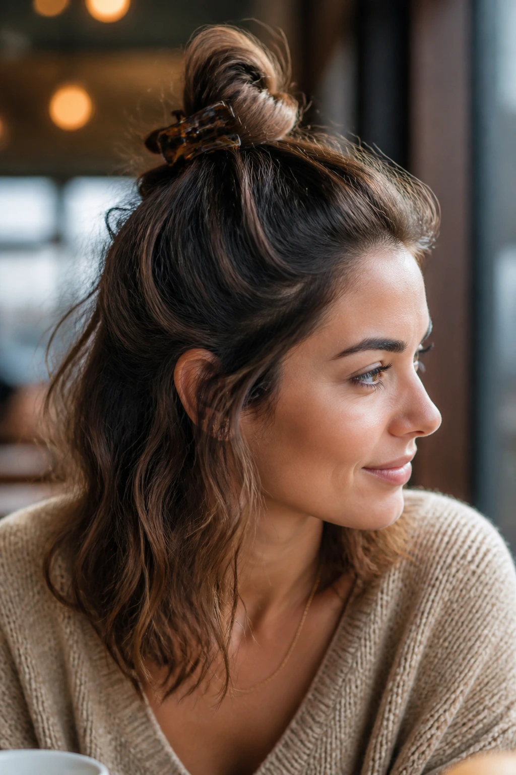 Close-up of a real woman wearing a half-up top knot with a claw clip.
