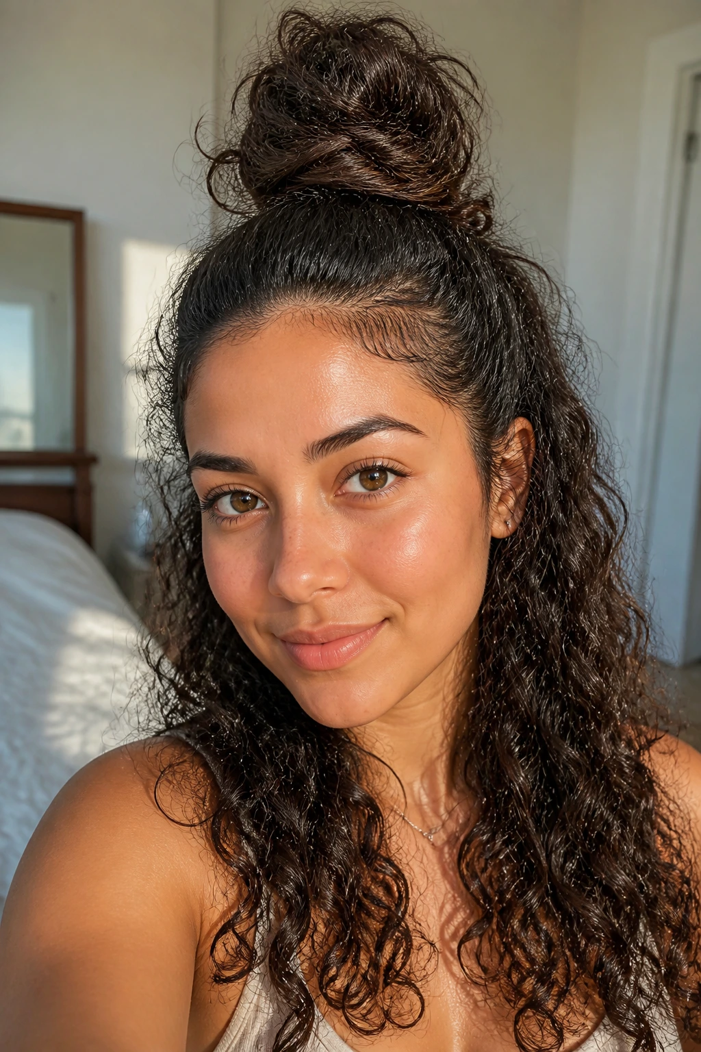 Close-up of a Latina woman with a half-up top knot hairstyle